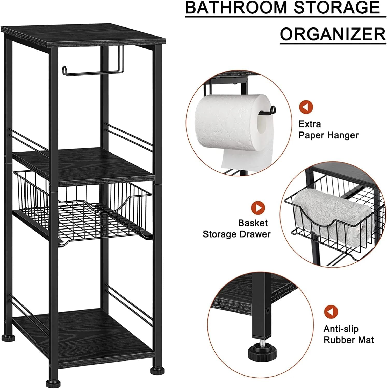 3 Tier Freestanding Bathroom Shelf with Drawer Toilet Paper Storage Stand, Black Space Saving Organizer for Bathroom