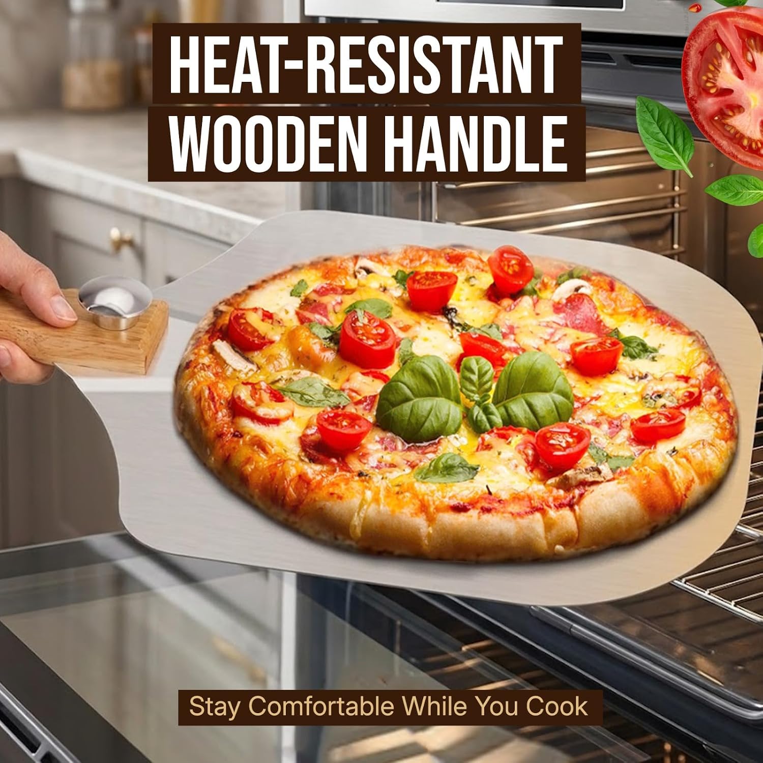 3-PCS Aluminum Pizza Peel Set 12" x 14" – Metal Pizza Paddle with Foldable Wooden Handle, Rocker Pizza Cutter & Serving Spatula, Pizza Oven Accessories for Home Baking