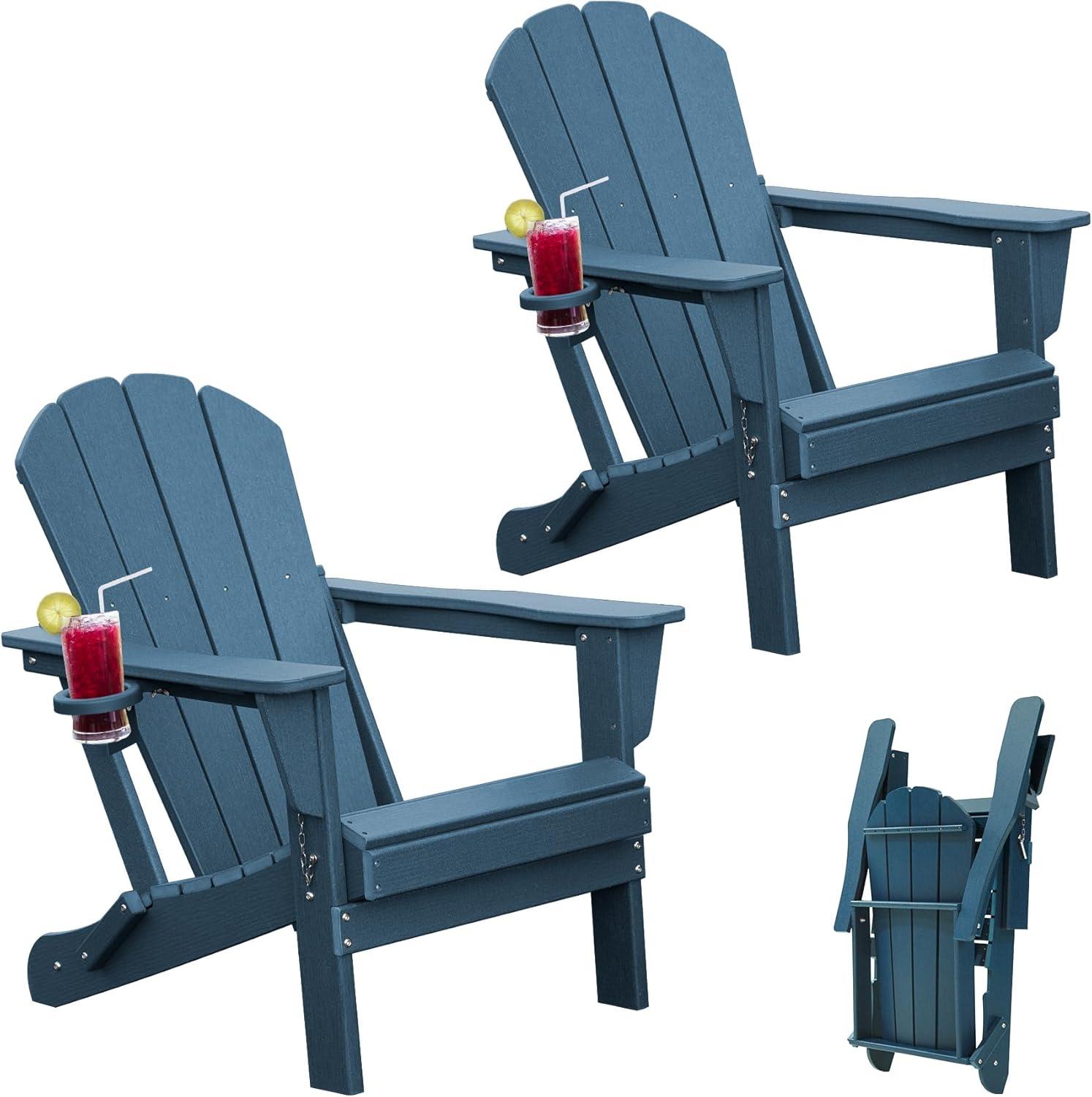 Domi Folding Adirondack Chairs Set of 2, HDPE Adirondack Chair with Cup Holder, Wooden Textured Fire Pit Chairs for Patio Backyard Lawn, Dark Blue