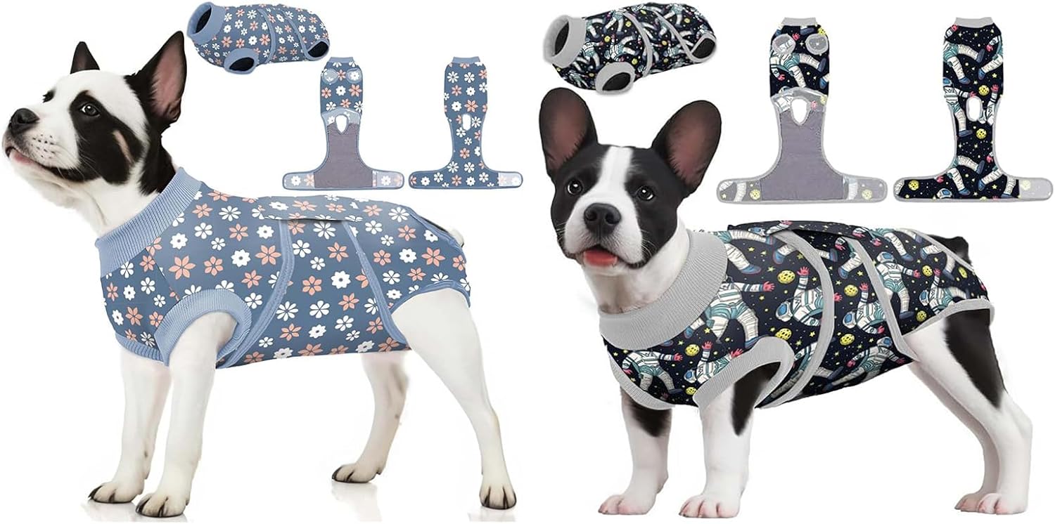 PetWarm Recovery Suit for Dogs, Flower Pattern, Blue and Cosmic Pattern, Grey, XS