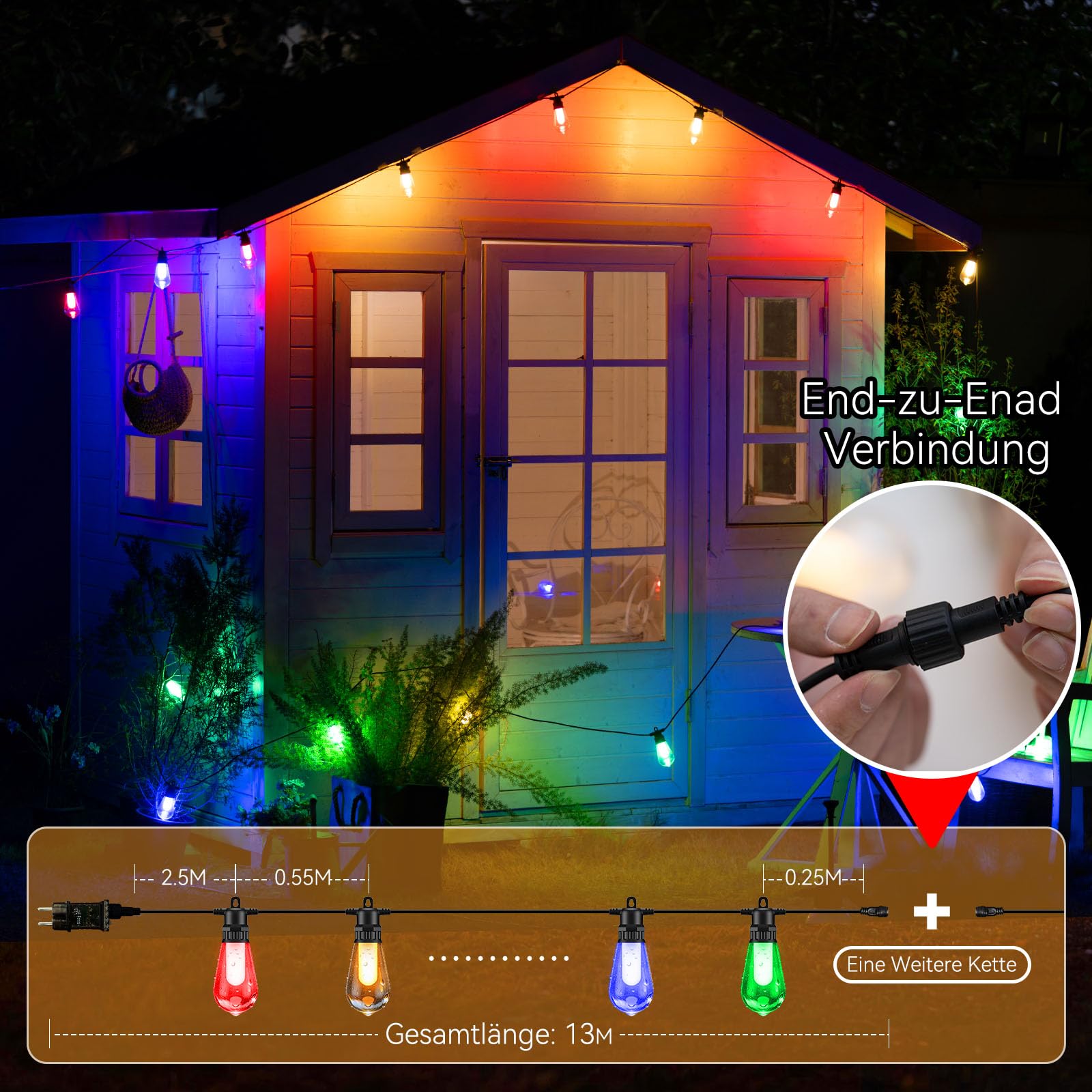 Catena di luci colorate, 13 m, per feste, per esterni, dimmerabile, 20 ST48, lampadine a LED colorate, resistenti alle intemperie, per Natale, gazebo, campeggio, matrimoni, giardino, balcone