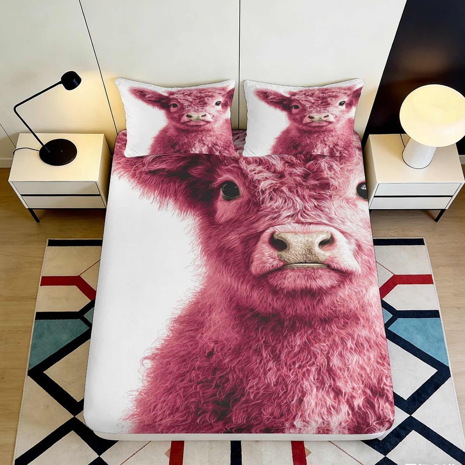 3D Printed Pink Highland Cow Fitted Sheet Microfiber Non-Slip Mattress Cover for Bedroom Dorm Easy Care Decoration 140x200x25cm