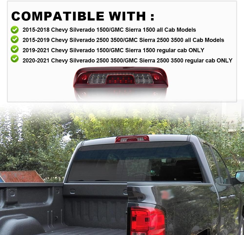 PIT66 LED 3rd Brake Light, Compatible with 14-18 Chevy Silverado/14-18 GMC Sierra 1500 2500HD SILVERADO 3500/3500HD Third Brake Light Cargo Lamps Black Housing Red & White Lens