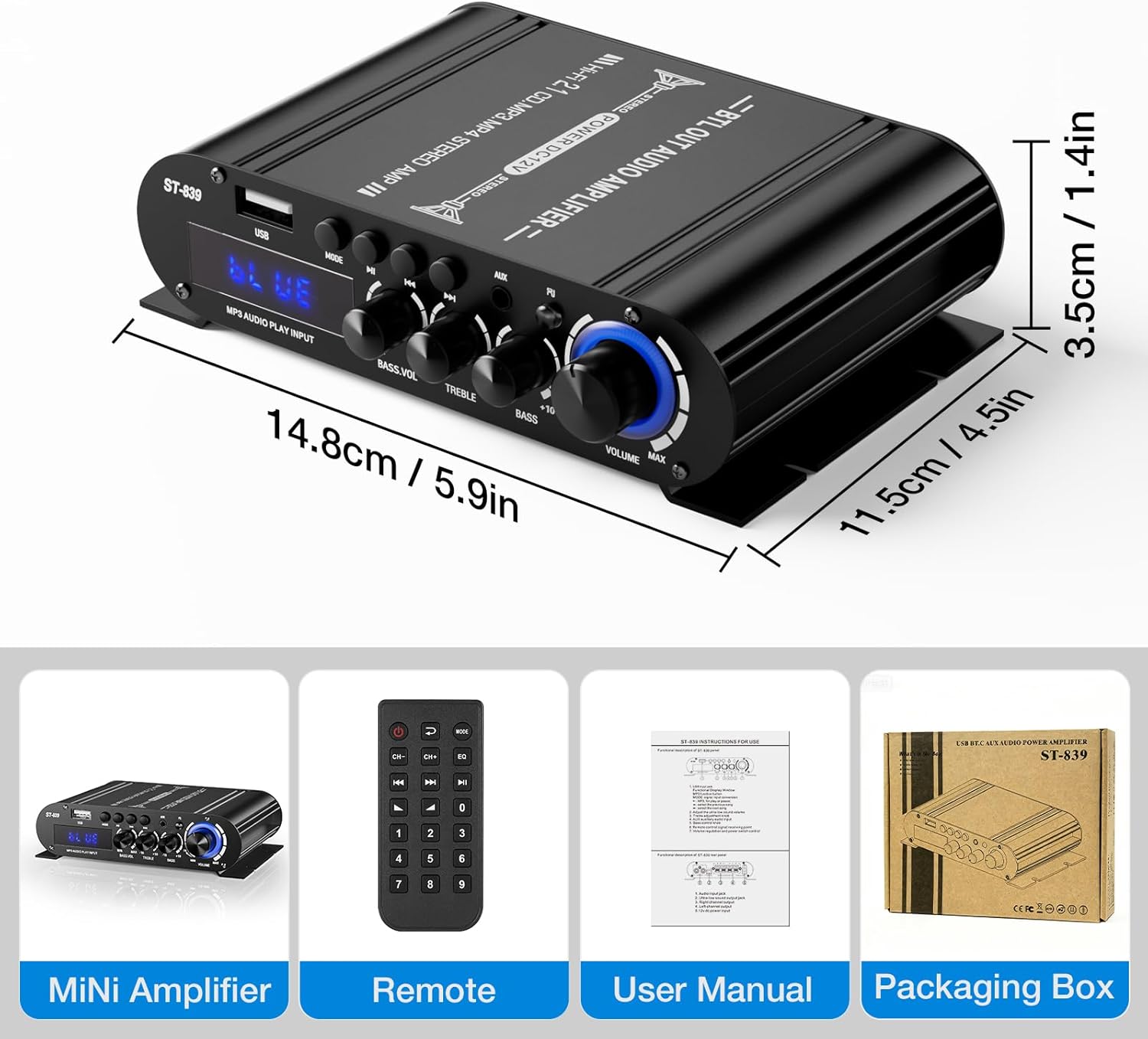 Dimensions of the Facmogu ST-839 amplifier: 14.8cm / 5.9in length and 11.5cm / 4.5in width, 3.5cm / 1.4in height.