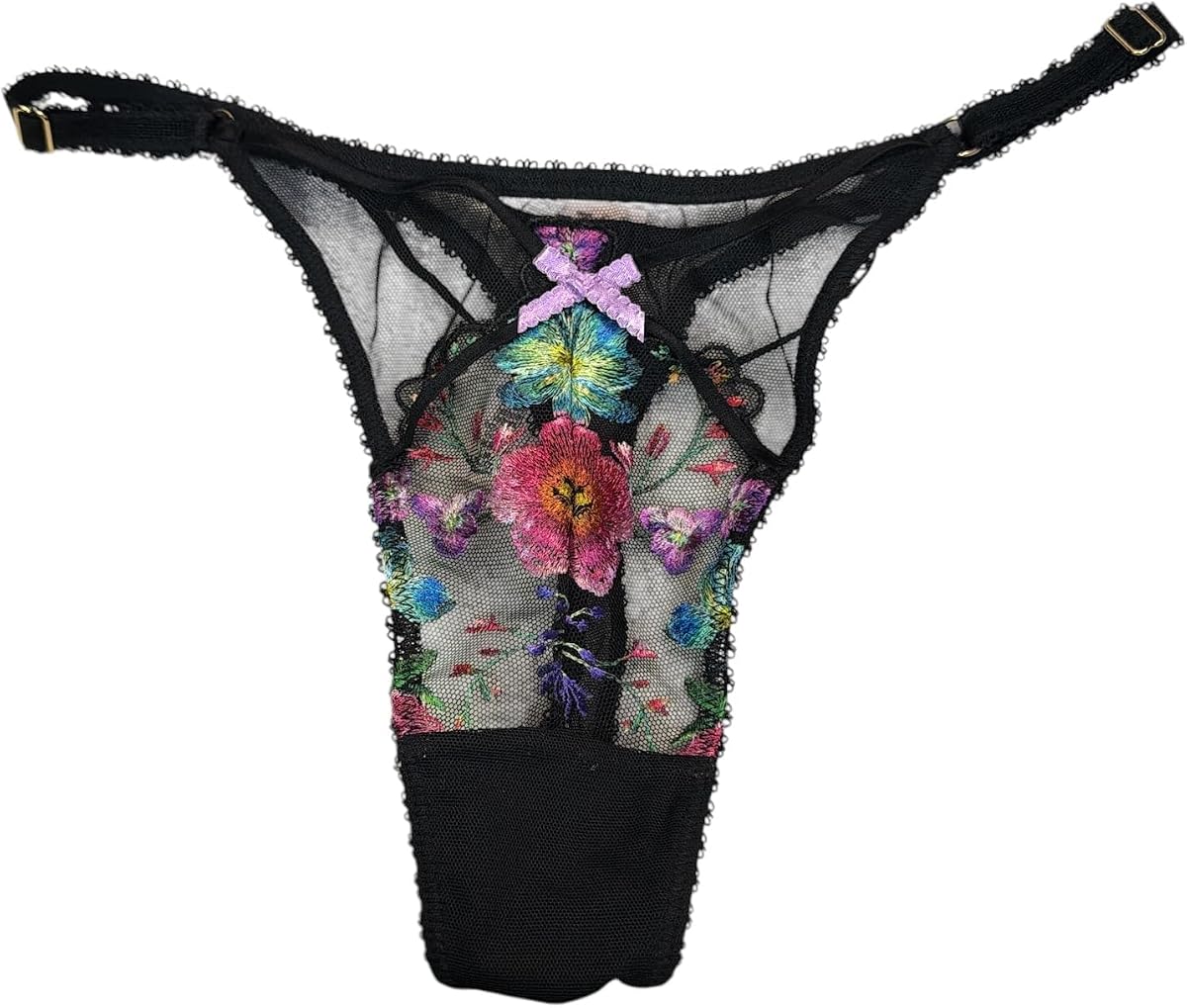 Victoria's Secret Very Sexy Mesh Floral Thong Black Adjustable New