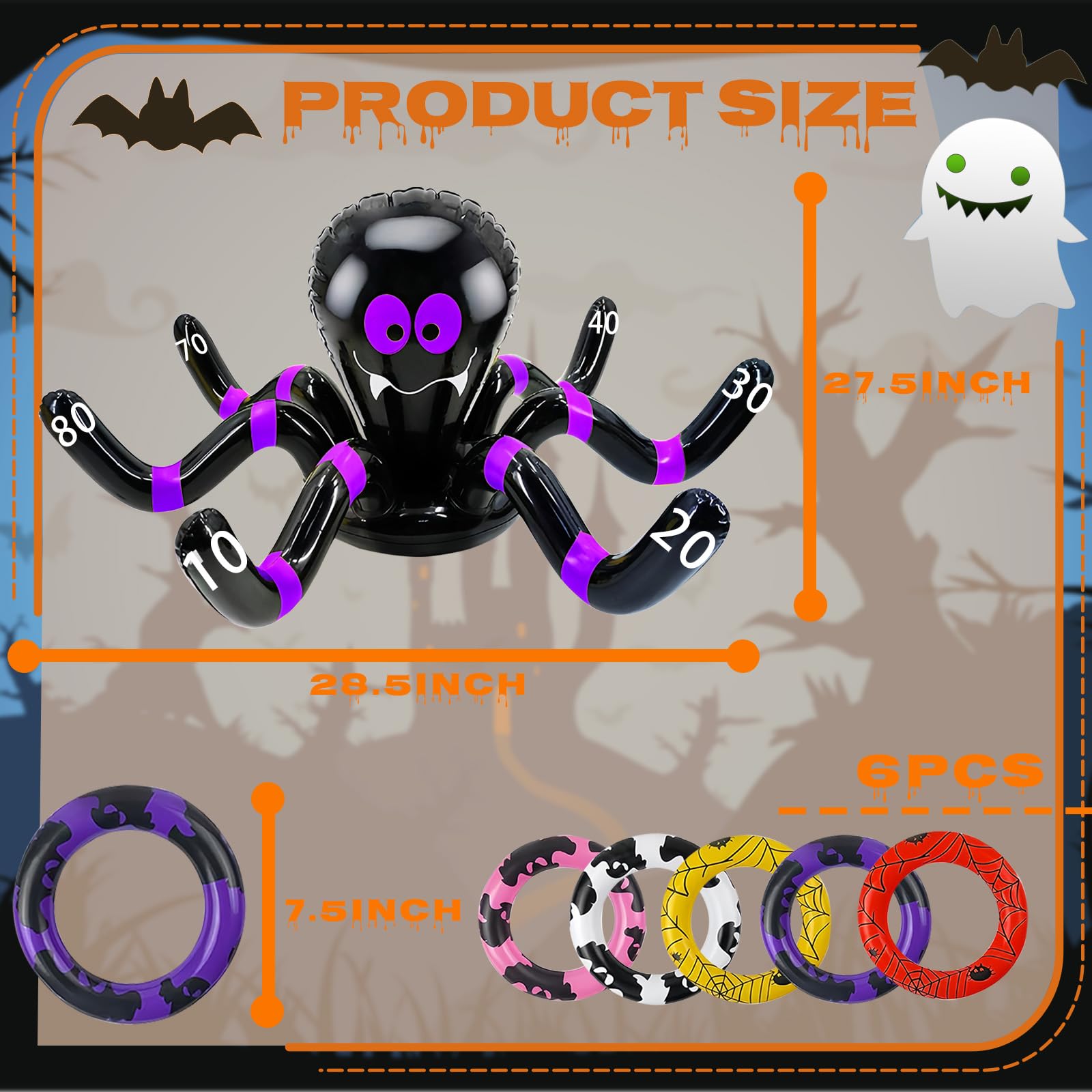 COSORO 7pcs Halloween Ring Toss Purple Black Inflatable Spider Ring Toss,Fun Halloween Party Target Toss Set for,Adults Family Indoor Outdoor Halloweens Party Props - Image 2