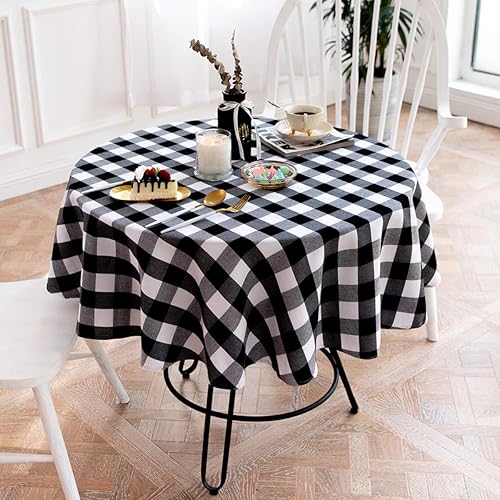 Miniatura 4 de Mantel redondo de cuadros Buffalo de algodón y lino, cubierta de mesa para cocina, comedor, decoración del hogar (Redondo - 55 pulgadas, blanco y