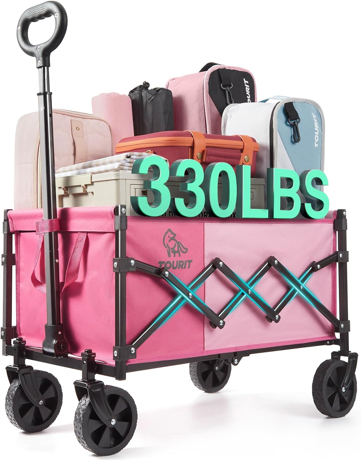 TOURIT Foldable Collapsible Wagon with All Terrain Wheels, Heavy Duty Portable Cart for Camping Beach Shopping, 330 lbs Capacity Utility Cart, Grayish Blue