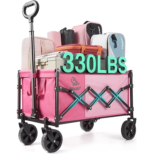 TOURIT Foldable Collapsible Wagon with All Terrain Wheels, Heavy Duty Portable Cart for Camping Beach Shopping, 330 lbs Capacity Utility Cart, Pink