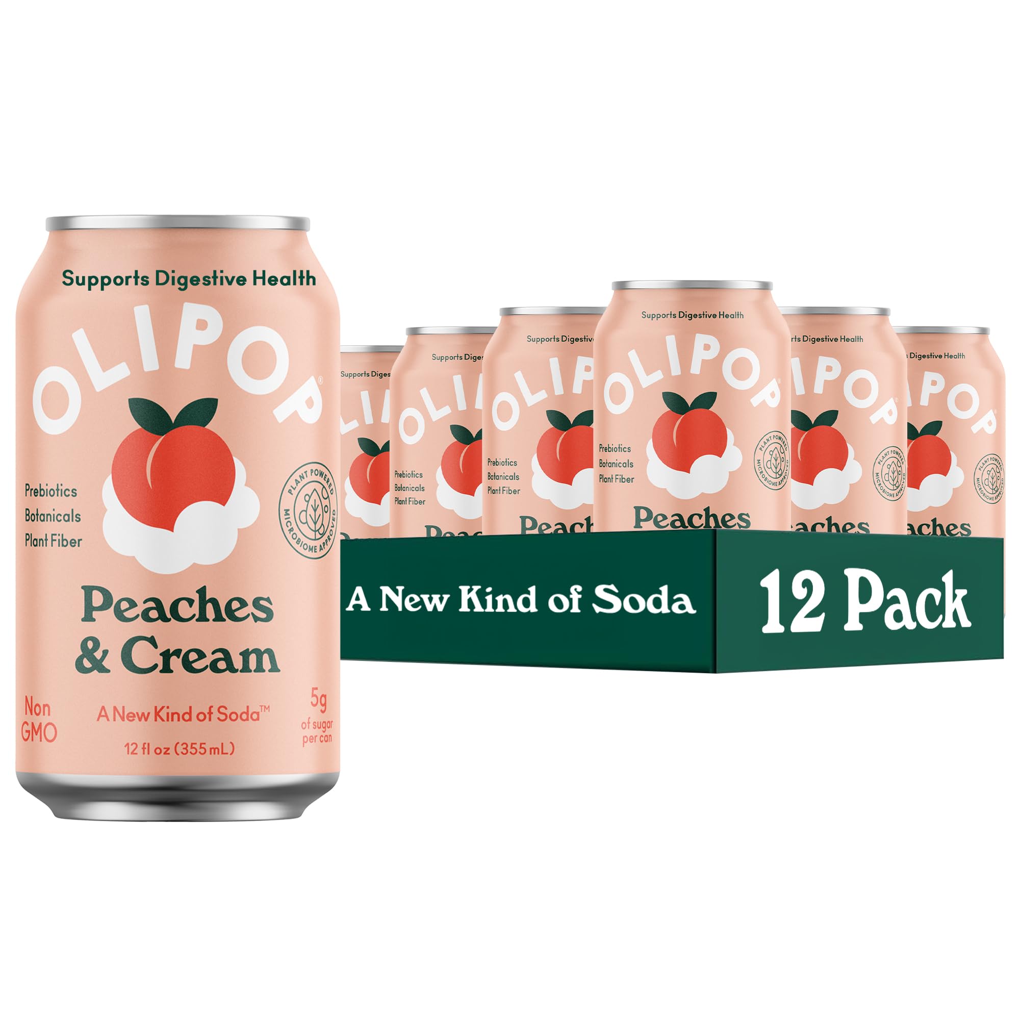OLIPOP Barbie Prebiotic Soda, Peaches & Cream, Prebiotics, Plant Fibres, 355 ml (12 Cans)
