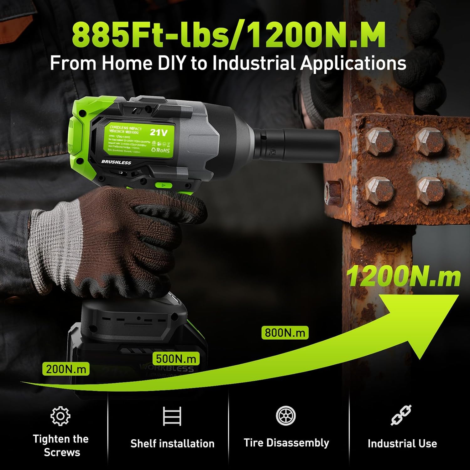 Cordless Impact Wrench for Car Tire Change, Max 1200N.m (885ft-Lbs) High Torque Impact Gun, Heavy Duty Impact Wrench for Mechanic, Auto Repair & Truck Maintenance, 4 Sockets