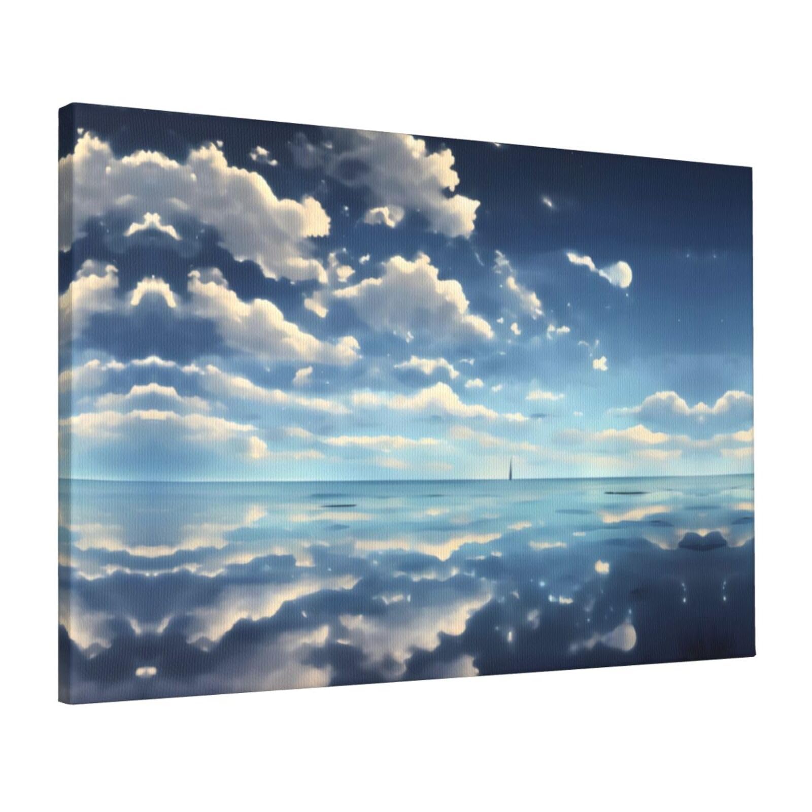 CNTDBU White clouds over the sea Canvas Wall Art 16x24 Inch-Large Modern Painting Print for Living Room, Framed Ready to Hang Artwork for Bedroom