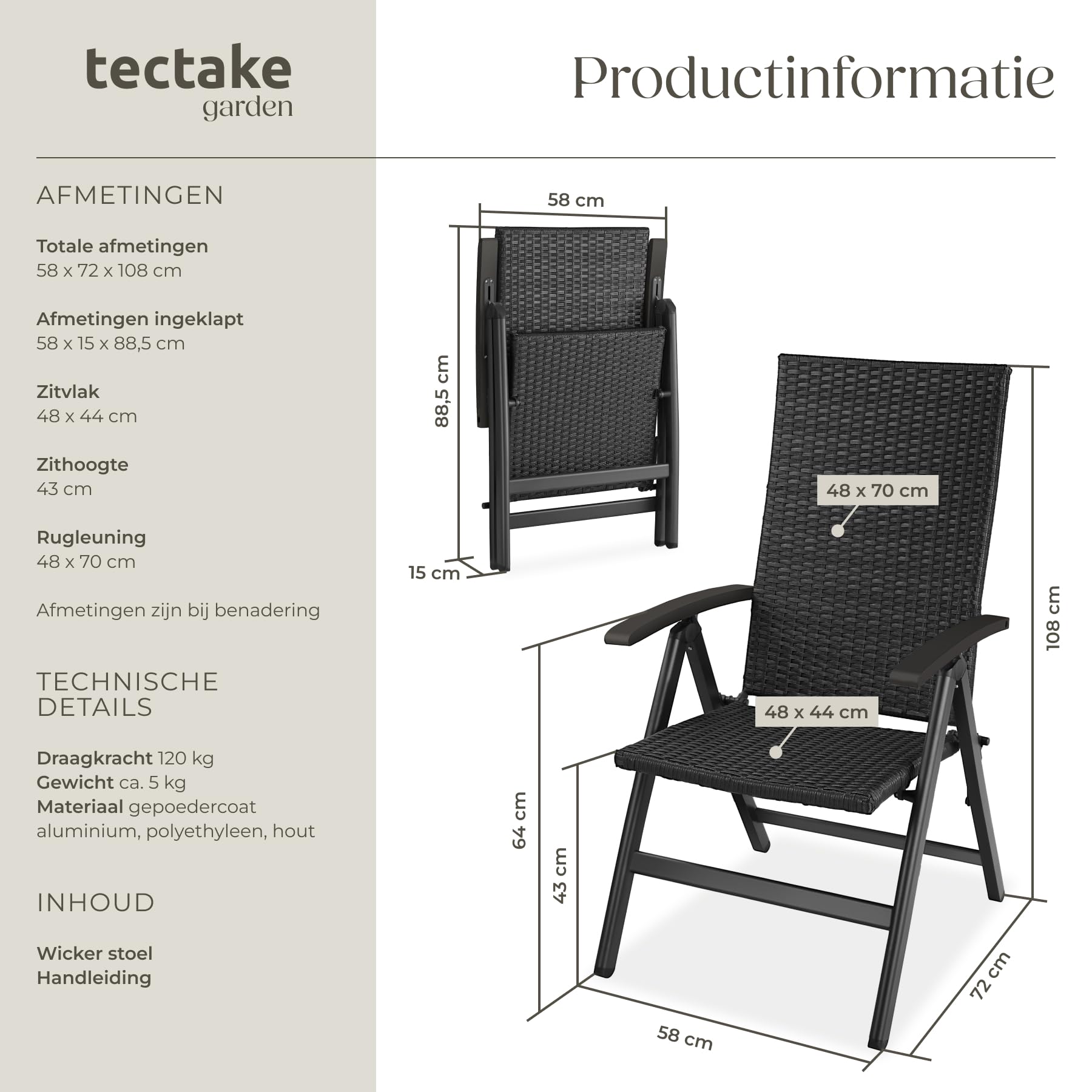 tectake® aluminium wicker tuinstoel - opklapbare fauteuil met 6-voudig