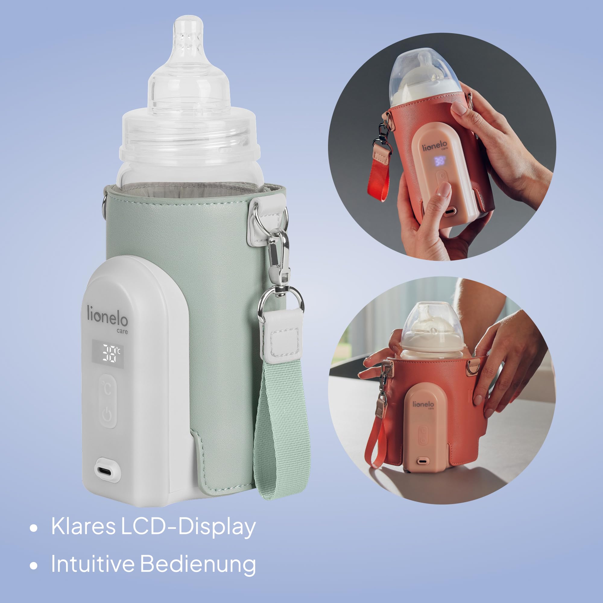 LIONELO Thermup Go Evo Tragbarer Babyflaschenwärmer hält Flüssigkeiten warm | 5 Betriebstemperaturen von 38 bis 50o C, USB-C Aufladung, bis zu 9 Stunden Betrieb, LCD Display