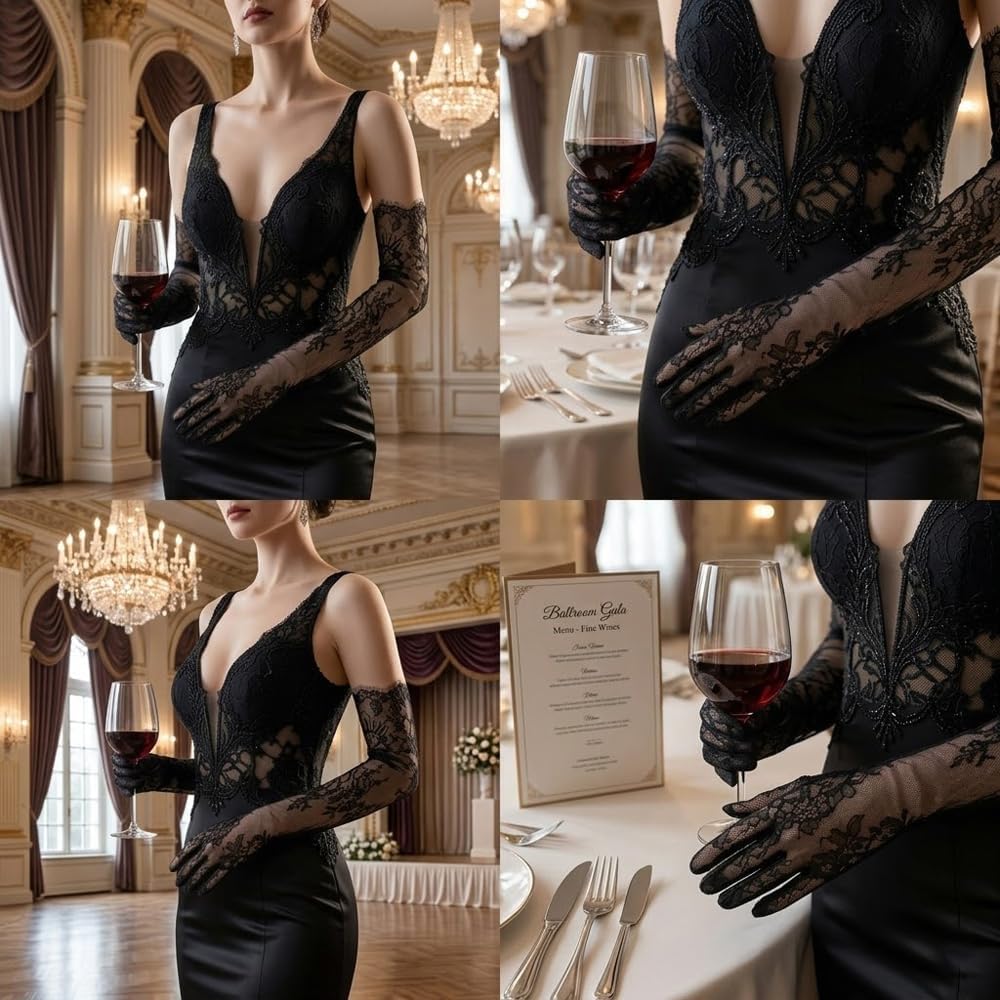 Mrotrida Women's Fingerless Lace Long Bridal Gloves Removable Mesh Hollow Out Sleeves Thin Solid Color Wedding Gloves (Black-2)