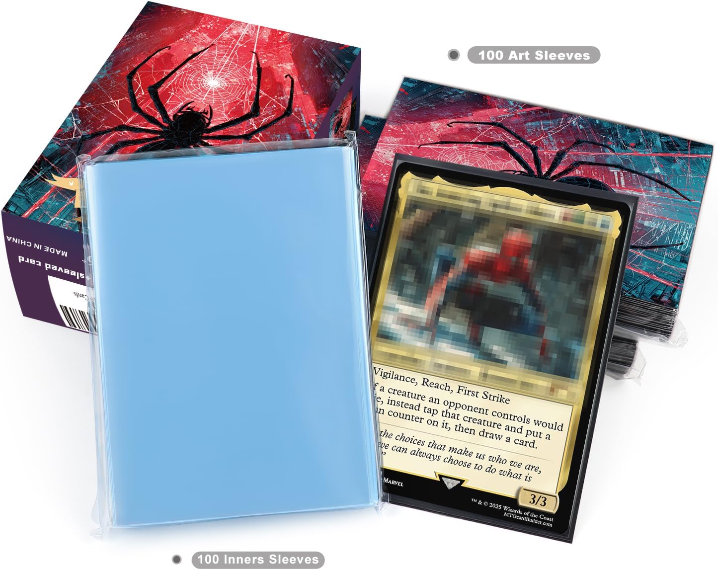 Katomula 100 MTG Card Sleeves with 100 Inner Sleeve, Textured Back Art Sleeves, Fit Standard Size Cards- Spider