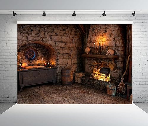 Miniatura 6 de BELECO Telón de fondo de tela espeluznante de 15 x 8 pies, para Halloween, sala mágica, cocina, chimenea, poción mágica, libros, velas, calaveras,