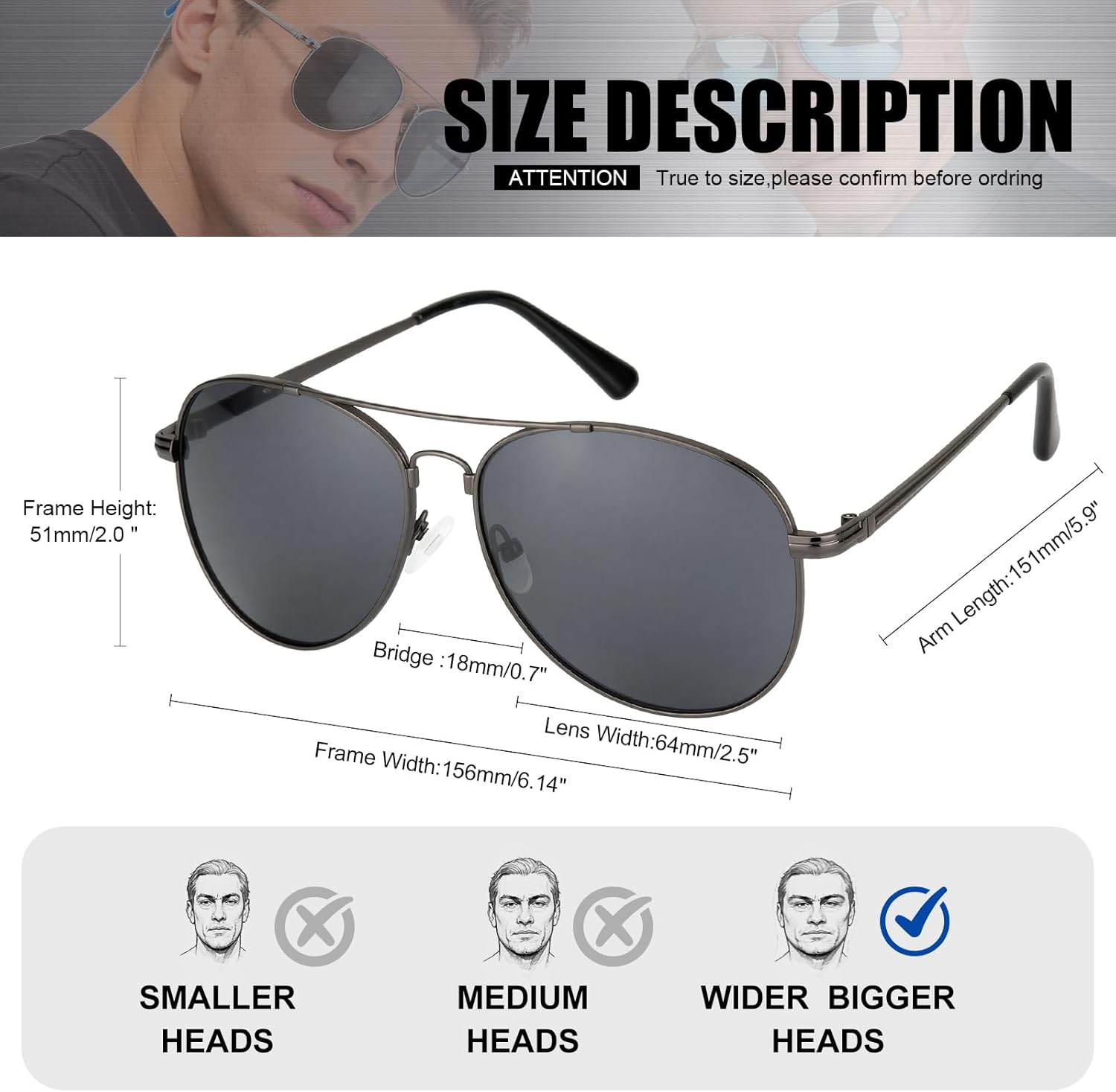 Modish 156mm XXL Large Polarized Aviator Sunglasses for Men, Ultralight Memory Metal Frame & Versatile Lenses