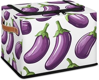 Eggplant Storage Bins with Zipper Lid and Leather Handles,Foldable Storage Baskets for Clothes Towels Closet Shelf Organizer Container