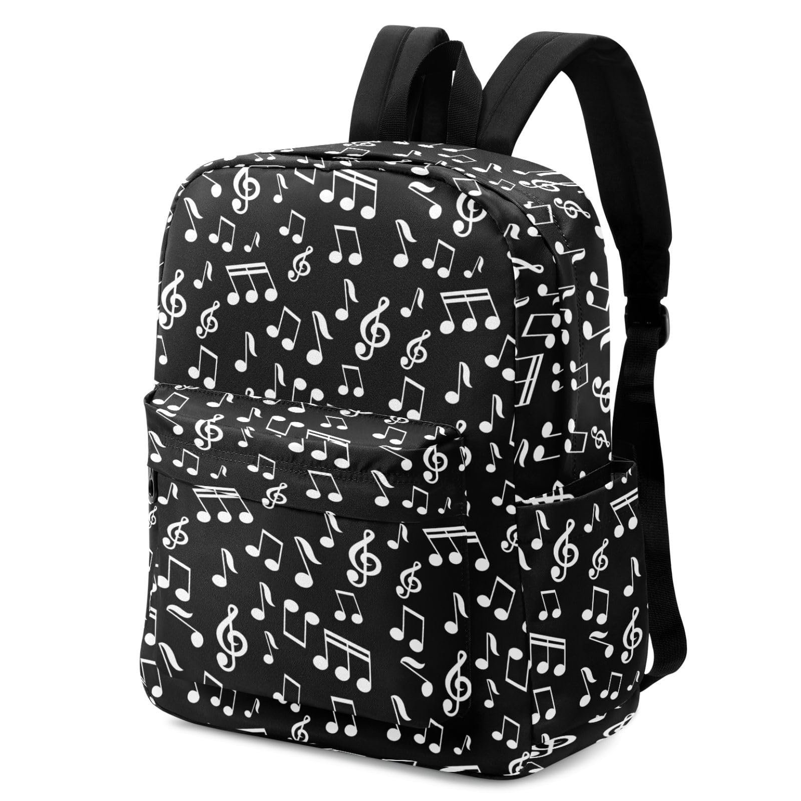 Peystean Large Backpack, White Floral Musical Notes Black Polyester Durable Travel Shoulder Daypack for Unisex School Bookbag Work Hiking Fit 16.5