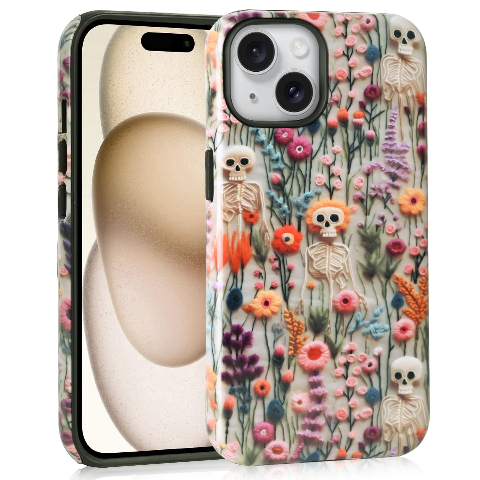 Mainrenka Halloween Cases for iPhone 13, Cute Kawaii Skeleton Floral Phone Cover Protective Shockproof Phone Case Skull