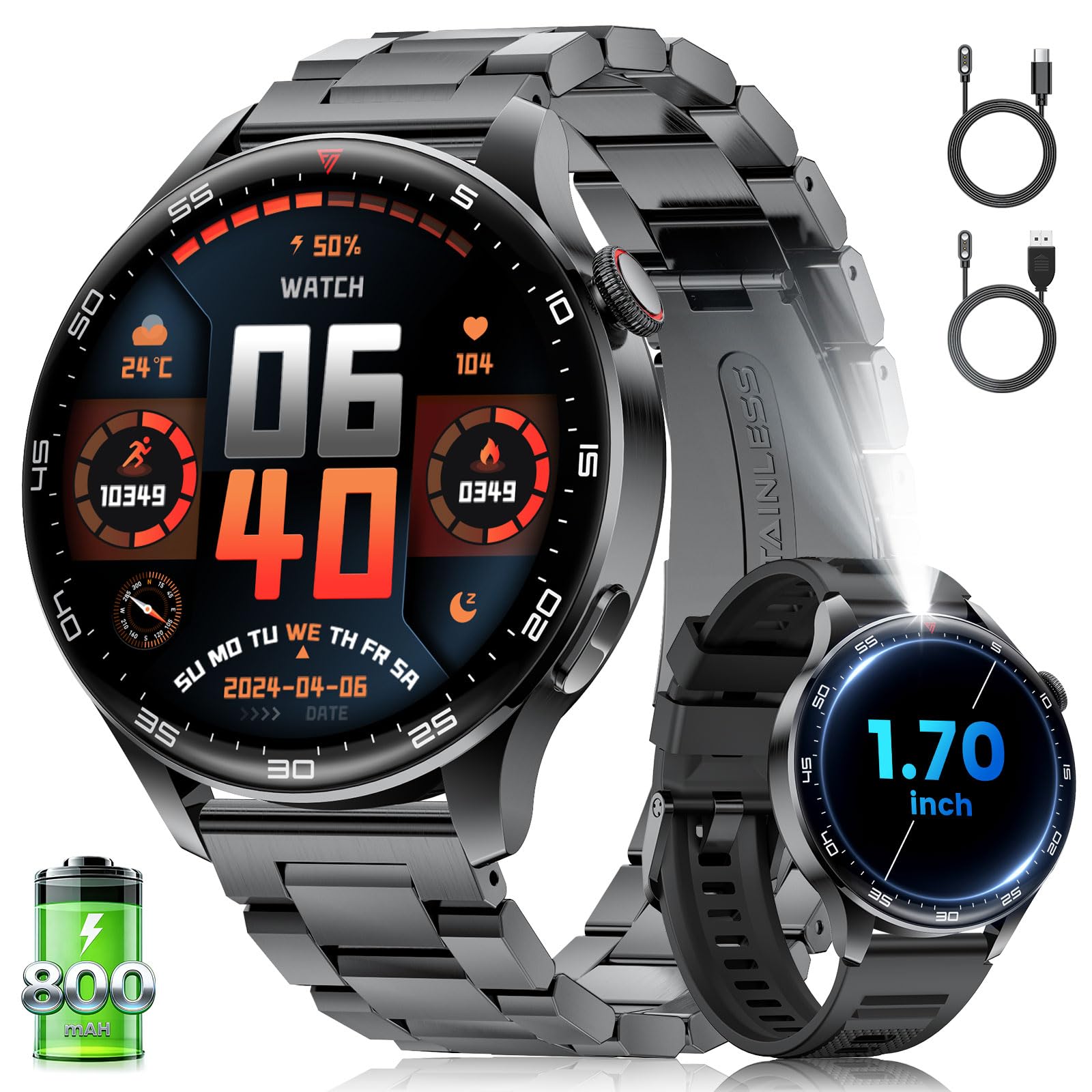 Smartwatch Uomo con Chiamate Bluetooth, 1,7" Ampio Schermo con Torcia a LED/800 mAh/Impermeabile IP68/100+ Modalità Sportive/Monitor Frequenza Cardiaca/Sonno per Android e iOS, Silicone Nero