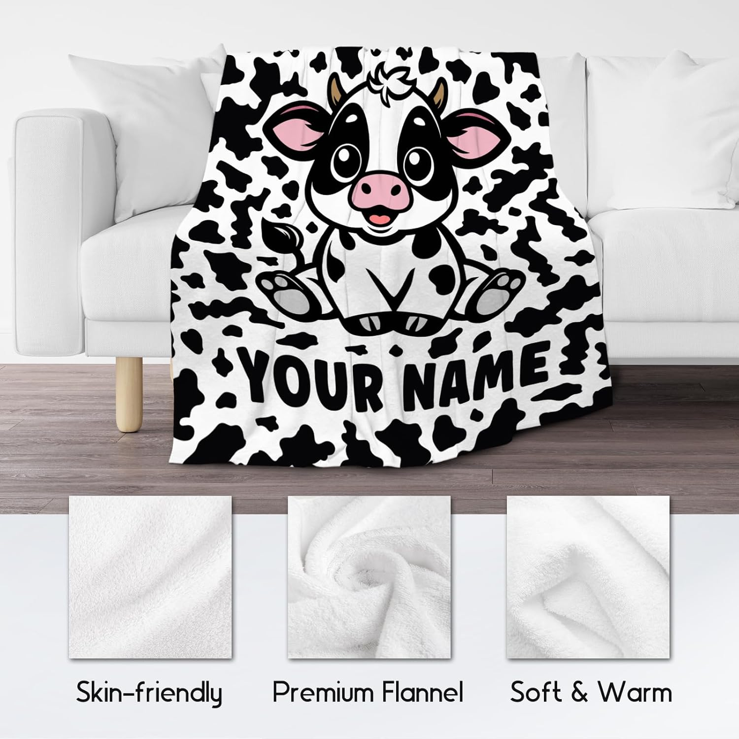 Custom Cow Blanket, Cozy Soft Throw Gifts for Boys, Cute White Flannel Throw Blankets for Couch Office, 50x60 Inches