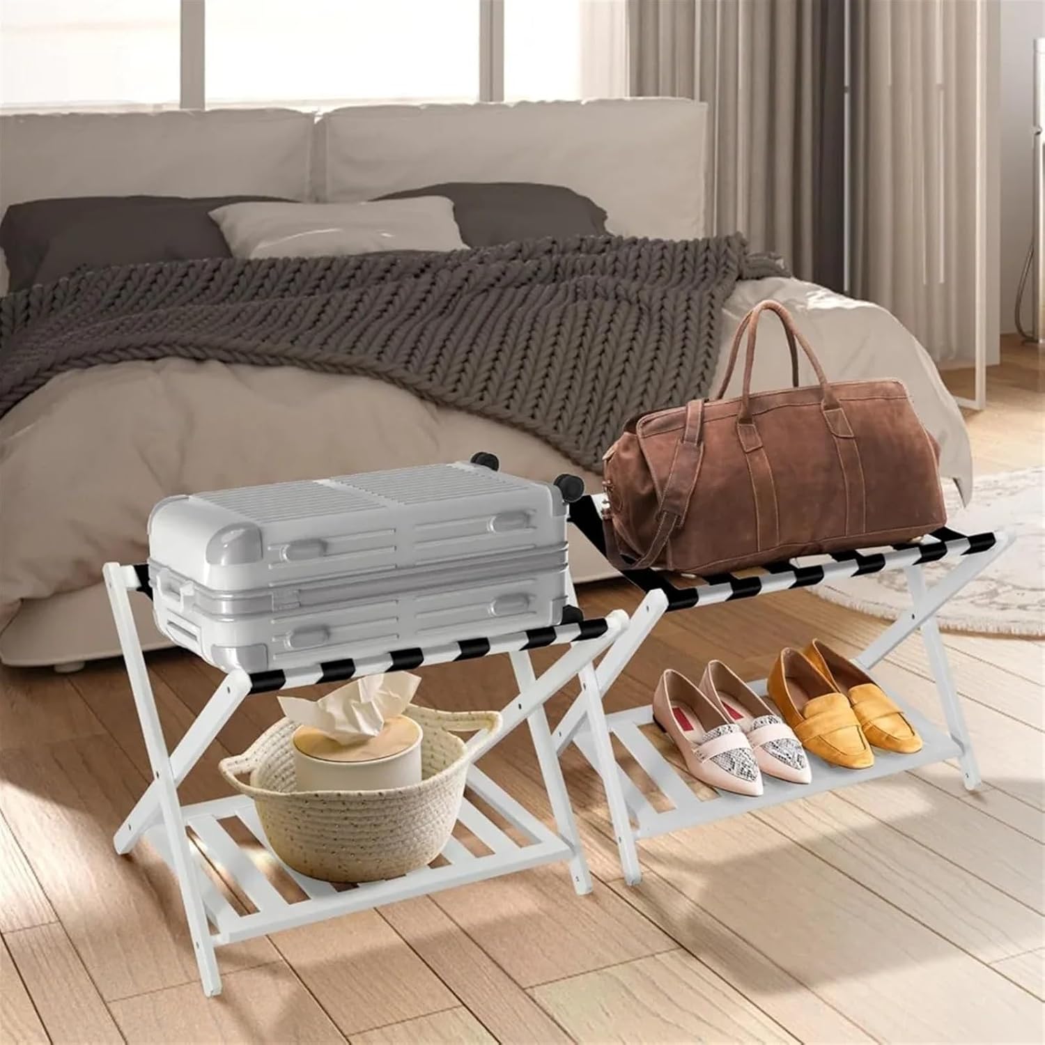 Luggage Rack 2-Pack Folding Luggage Racks, Foldable Bamboo Suitcase Stand with Storage Shelf, Luggage Holder with 6 Nylon Straps for Hotel for Home,Travel(White)