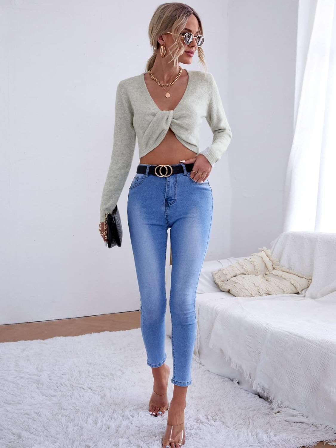 BEDAW Women's Sweater Twist Front High Low Sweater Sweater for Women (Color : Light Grey, Size : Large)