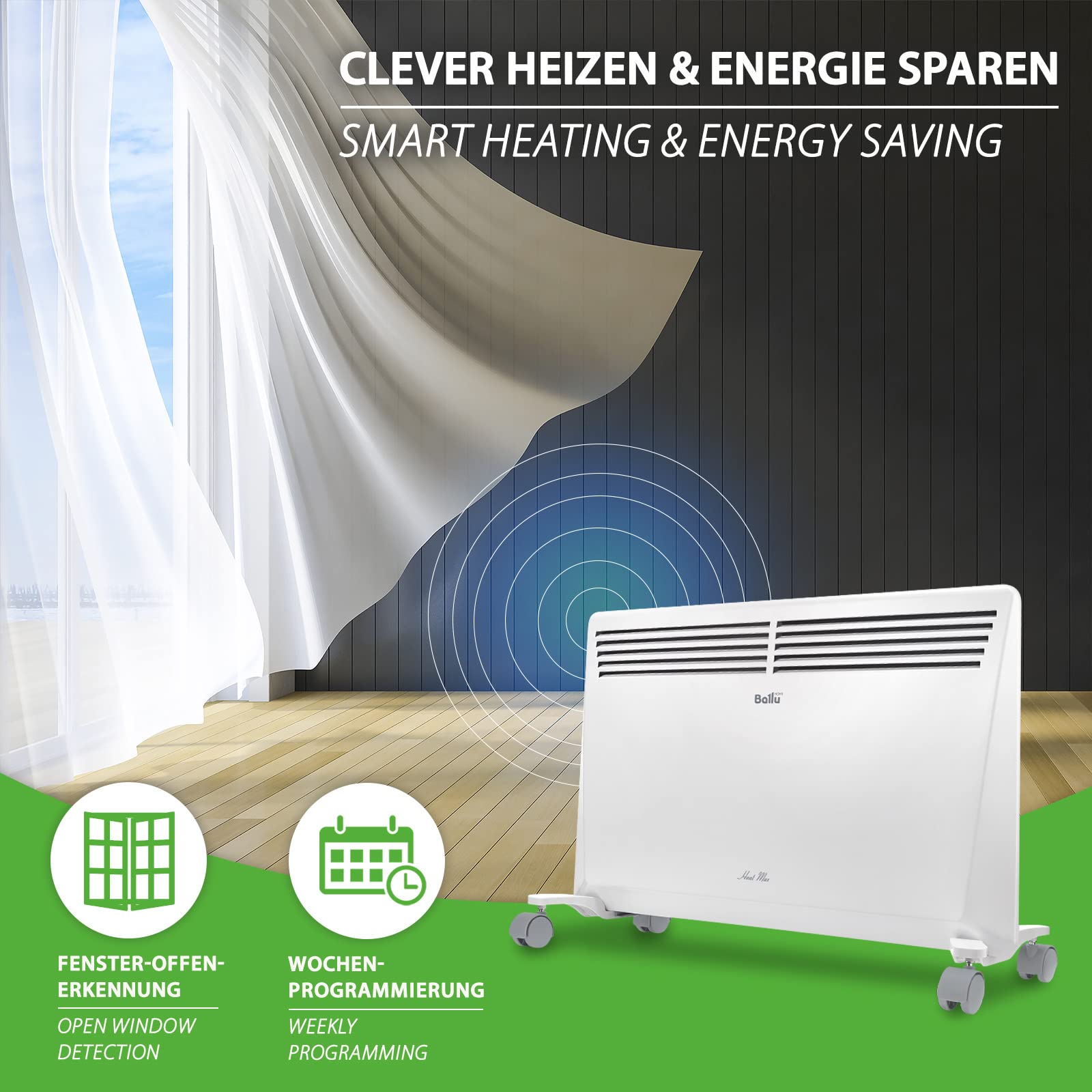 Ballu Heat Max grzejnik konwektorowy, 1500 W, montaż ścienny na kółkach, program tygodniowy, timer, konwektor elektryczny