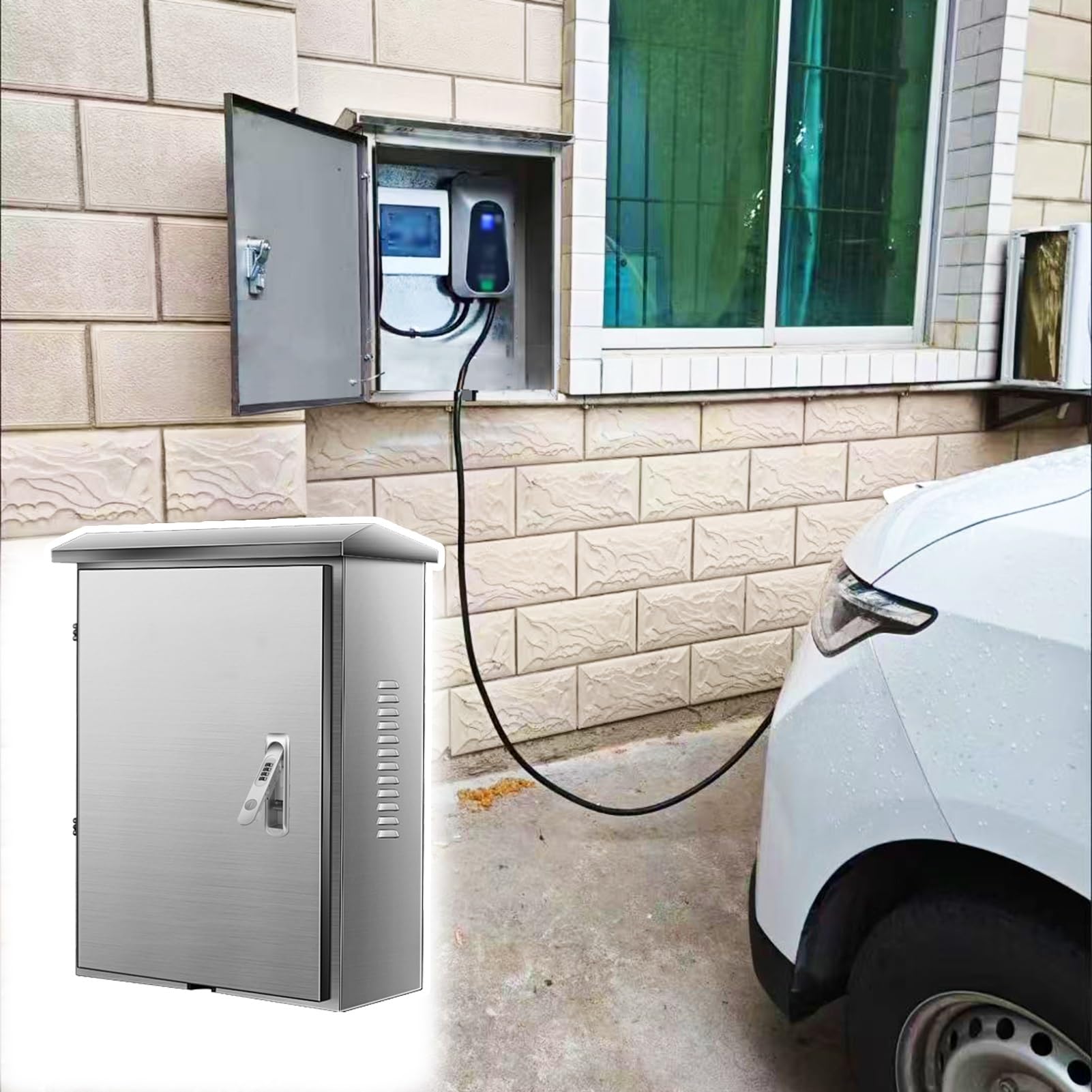 Caja de acero inoxidable para cargador de vehículos eléctricos, montaje en pared, cubierta protectora impermeable con cerradura y gancho para cable, soporte para estación de carga de coche eléctrico