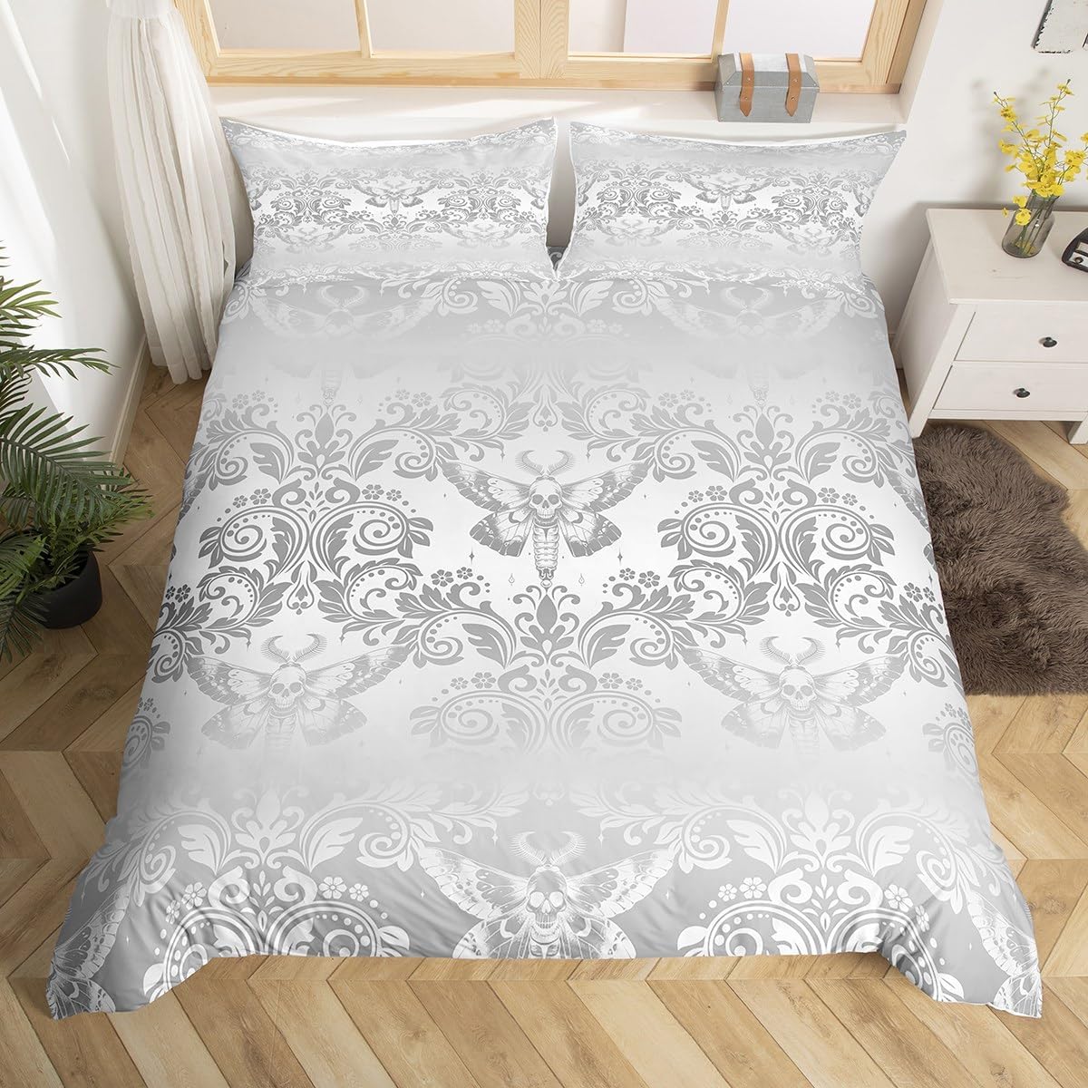 Feelyou Adults Silver Vintage Damask Floral Bedding Set Oriental Antique Comforter Cover Set Queen Size Gothic Bohemia Boho Flower Duvet Cover Gothic Skull Bedspread Cover 3Pcs