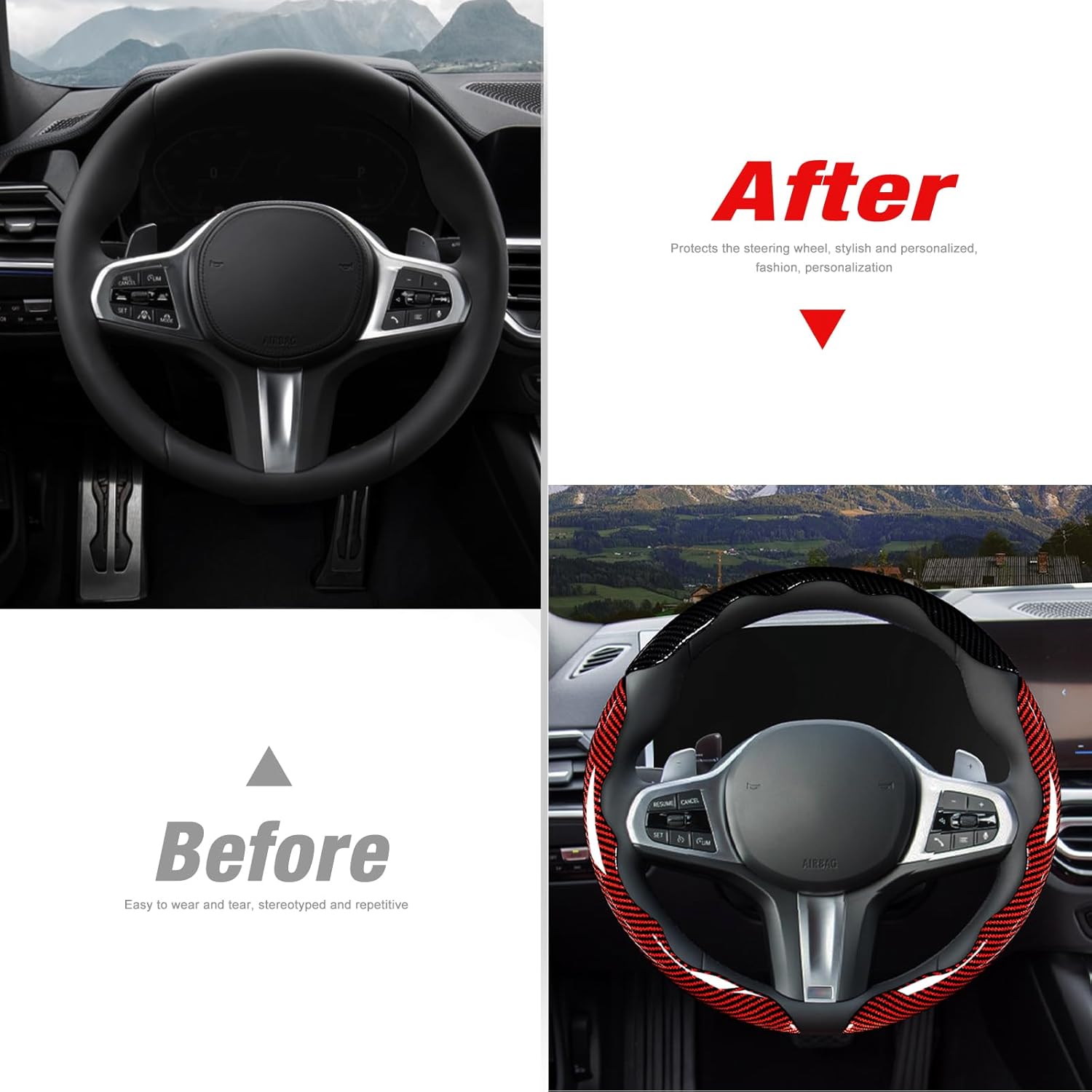 Car Steering Wheel Cover Set Bright Carbon Fiber Wrap Non-Slip 3pcs Steering Wheel Accessories 14.5-15 inch Universal (Black Red) - Image 6