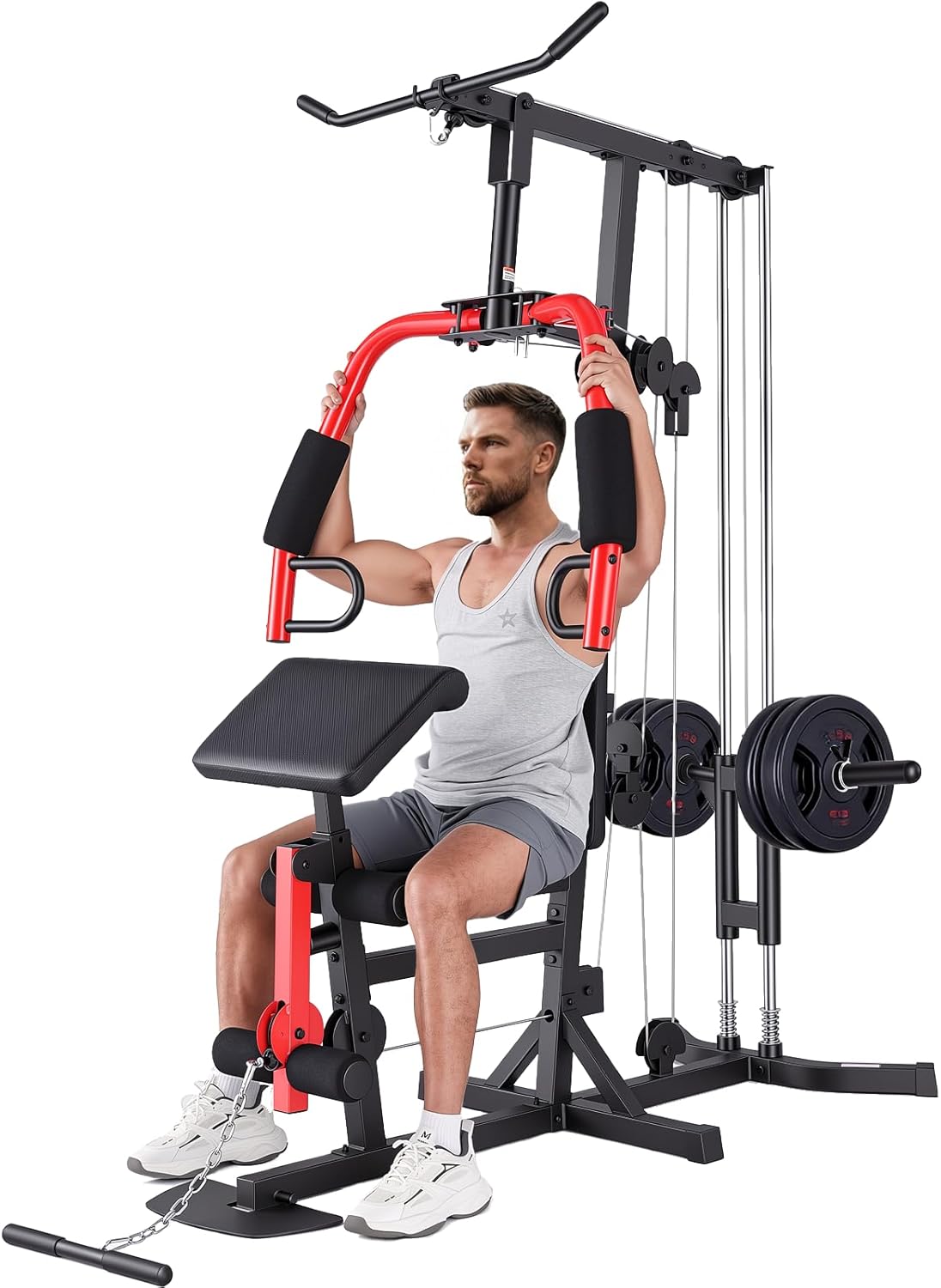 Multifunctional Home Gym Equipment, All in One Workout Station with Pulley System & Seated Rowing, Adjustable Exercise Equipment for Full Body Strength Training