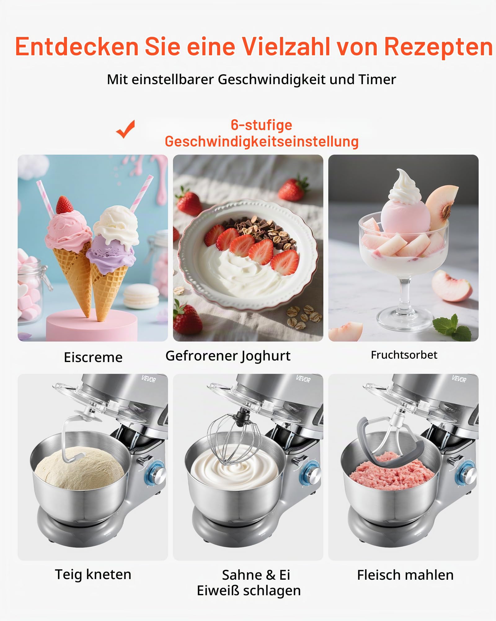 VEVOR Eismaschine Eiscrememaschine 1,7 L Standmixer 6-Gang mit LED-Digitalanzeige & Timer & Rührpaddel & Knethaken & Spritzschutz, für DIY Gefrorener Joghurt, Frucht-Gelato Sorbet Grau 1400 W