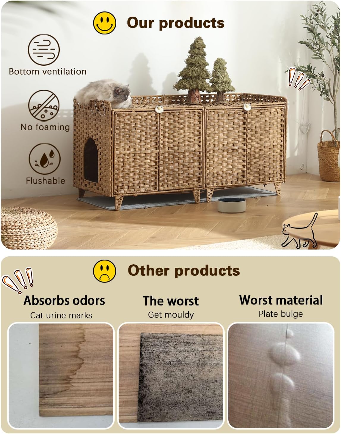 Cat Litter Box Enclosure for 2 Cats, Large Litter Box Furniture with Cat Litter Mat, Hidden Washroom Furniture with Double Room, Handwoven Rattan Cat House with Door（Natural）