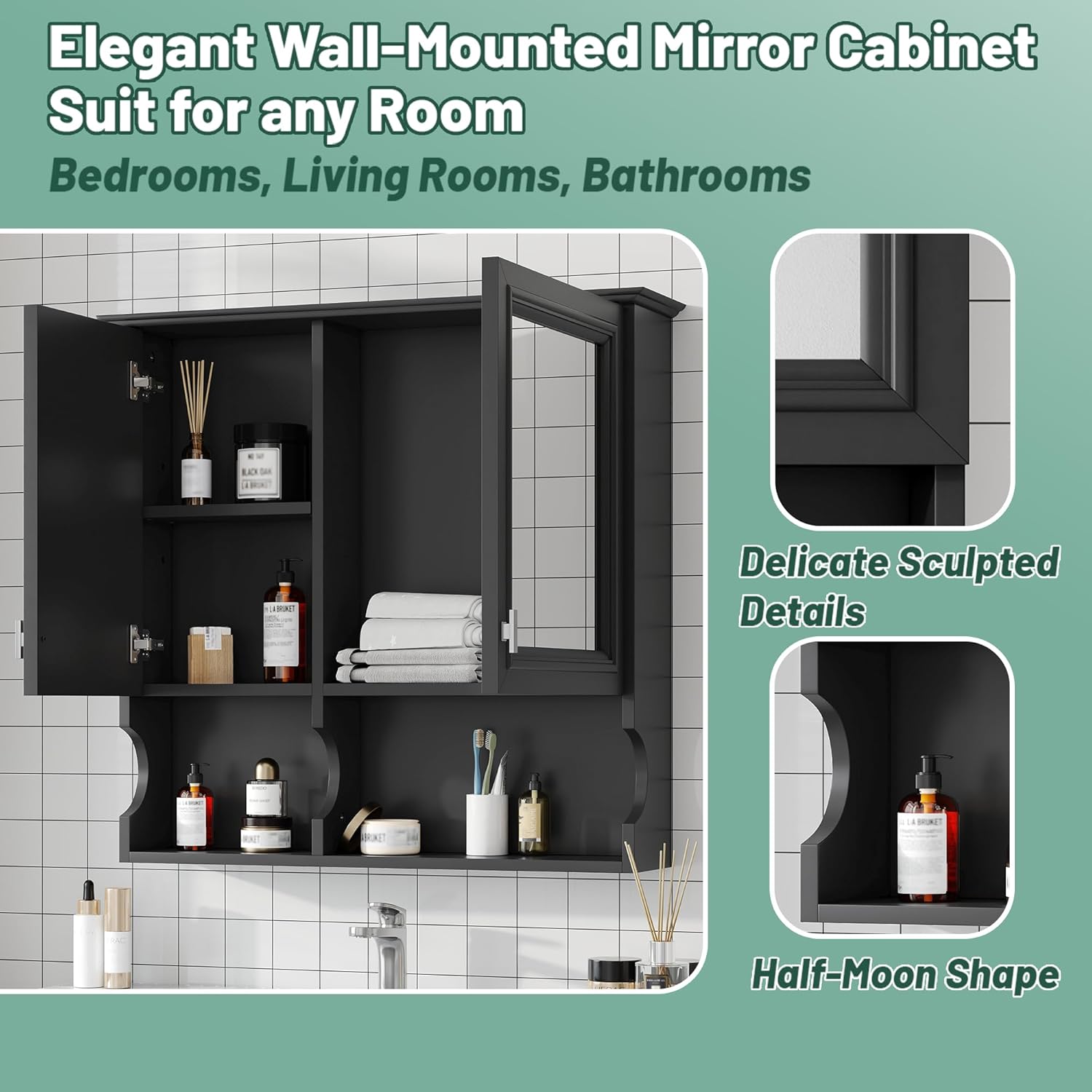 Wall-Mounted Bathroom Mirror Cabinet with Adjustable Shelves & Soft-Close Doors - Over-Toilet Storage Organizer with High-Definition Mirror and Open Shelving for Essentials (Black)