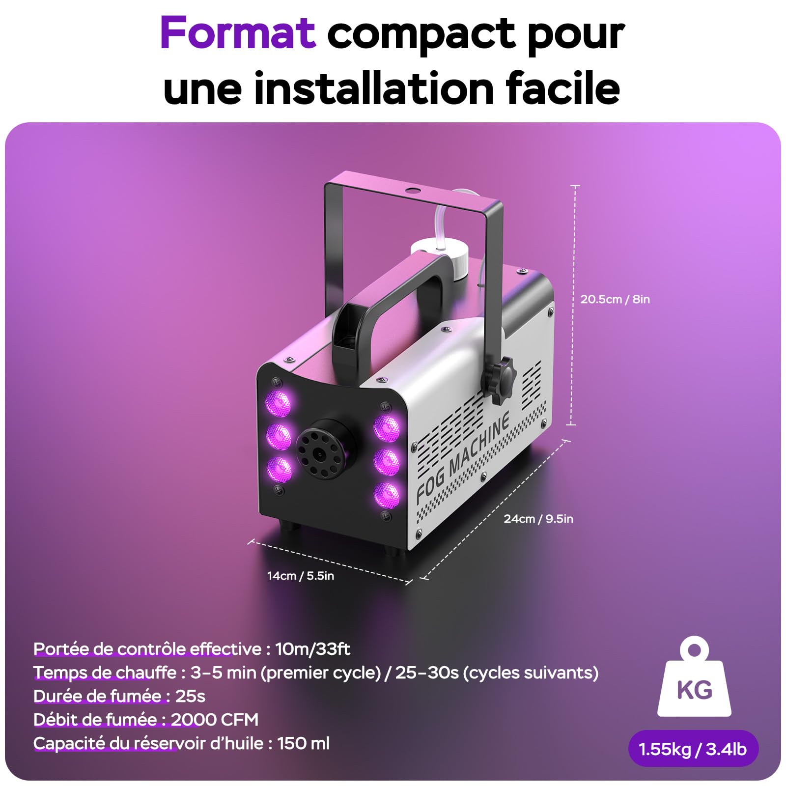 Machine à Fumée Mini Machine à Brouillard avec 6 LED Lumières Contrôlables en Couleur, 400 W avec télécommande, DJ Mariage Halloween Fête et Spectacle Noël Contrôle double mode