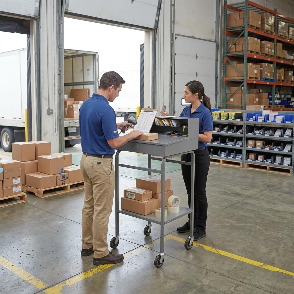 Mobile Receiving Shop Desk, Steel, 24W x 23D x 50H inches, with Casters and Storage