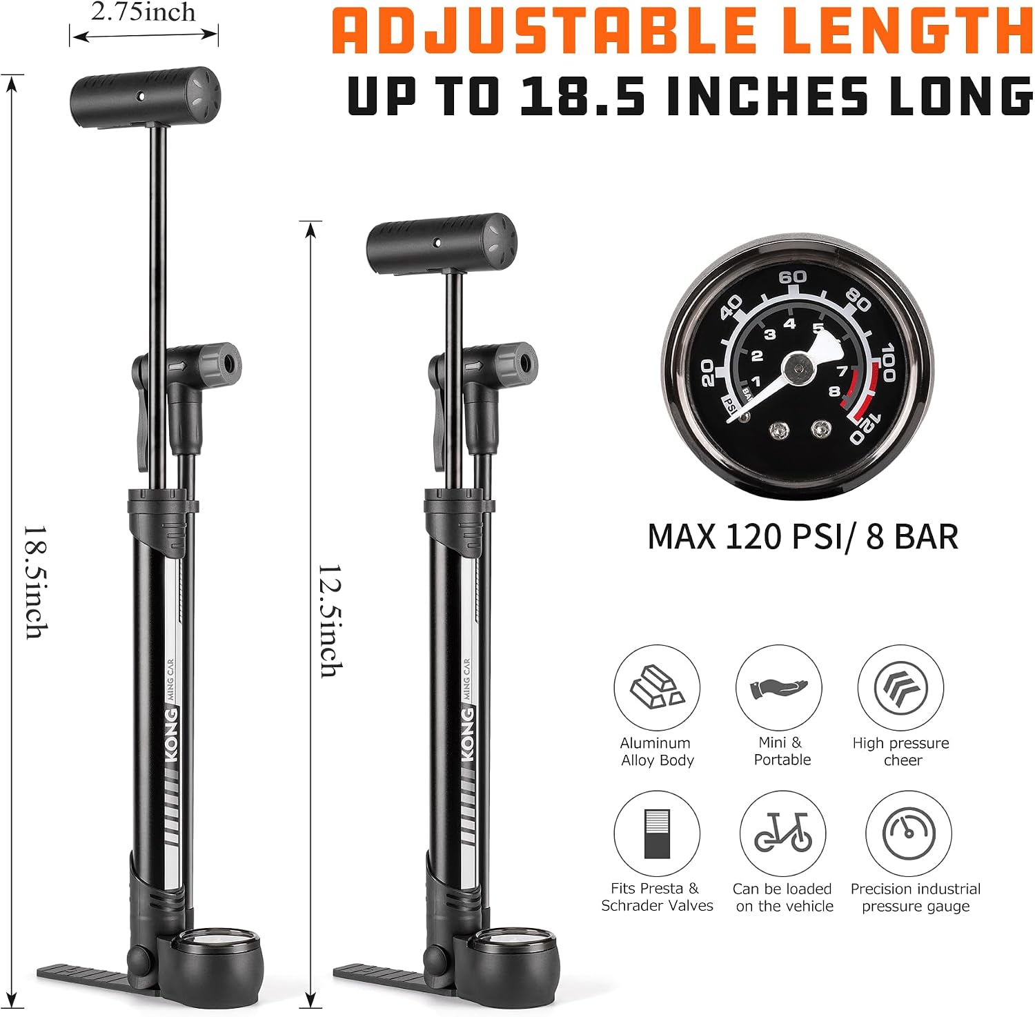 Bike Pump with PSI Gauge- Portable Bicycle Tire Pump - 120 PSI Bike Air Pump fits Presta & Schrader Valve - Road Mountain Bike Pump Comes with Mounting Bracket