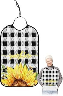 Kewadony Adult Bibs for Elderly Women - Sunflower Waterproof Dining Clothing Protectors with Crumb Catcher for Eating/Feeding, Bee Rustic Floral Spring Summer Black Buffalo Plaid Terry Cloth Bib