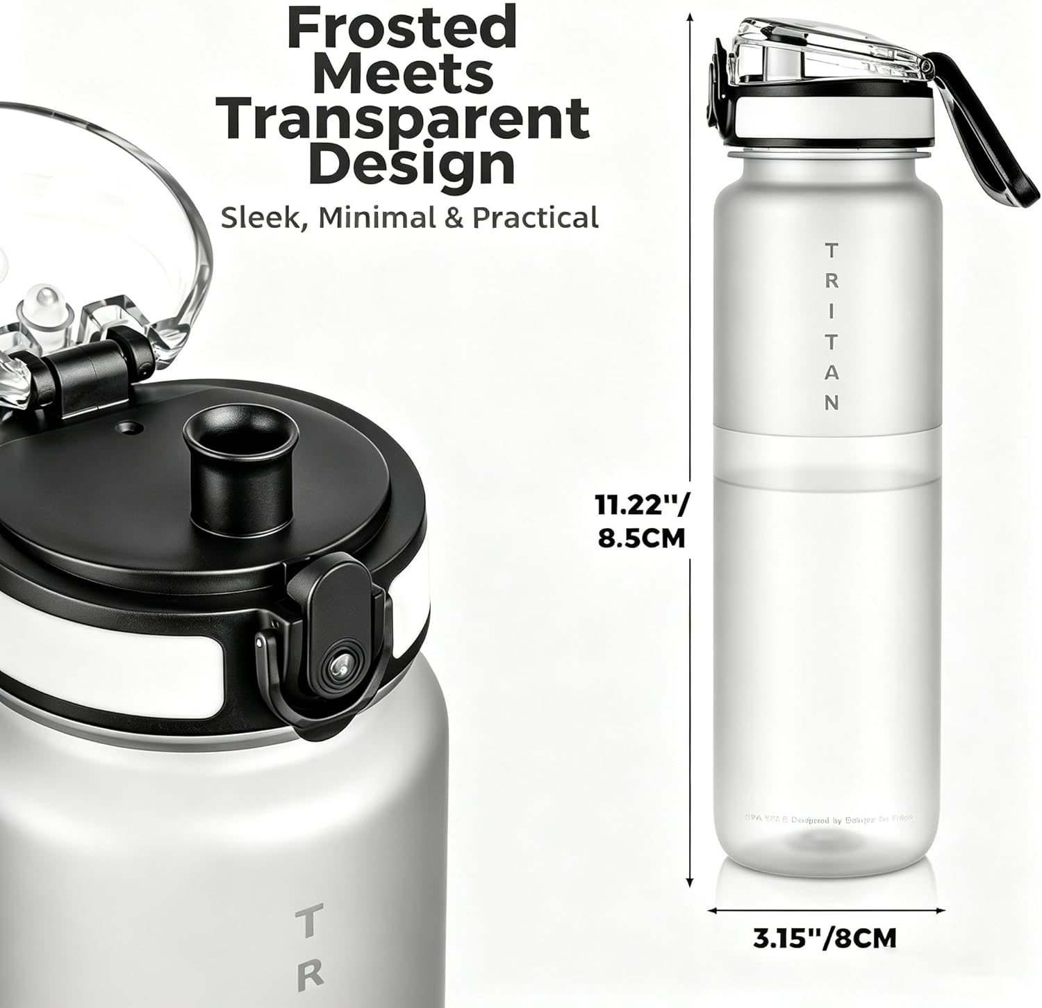32oz Water Bottle with Chug Lid, Frosted & Clear Tritan BPA-Free, Leakproof, Wide Mouth, Portable Sports Water Bottle for Gym, Office, Travel, Outdoor (Transparent)