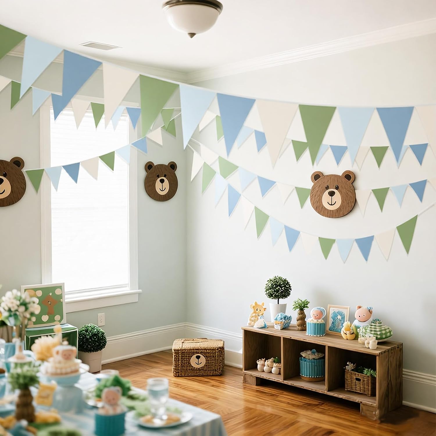 Gilprop 49.2 Ft / 60 Pieces Blue and Green Party Decorations Pennant Banner Triangle Flags Garland Bunting Banner for Birthday Gender Reveal Wedding Golf One Silly Goose Baby Shower Decor Supplies