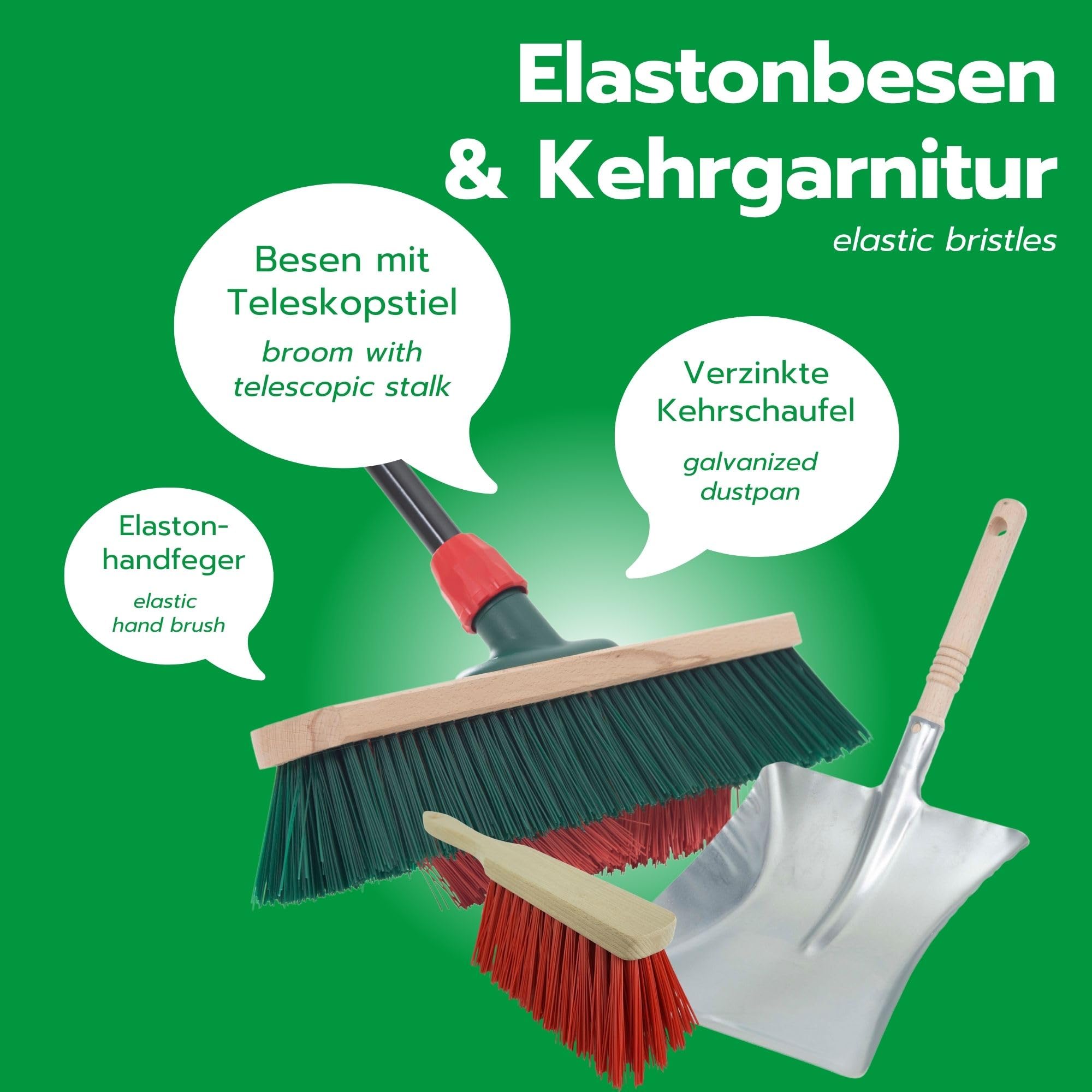 Novaliv 4X Besen mit V-Beborstung 40 cm Elaston grün/rot | Besen mit Teleskopstiel | Straßenbesen Kehrbesen Gartenbesen Industriebesen Hofbesen Allzweckbesen Großraumbesen Garden Broom Strassenbesen