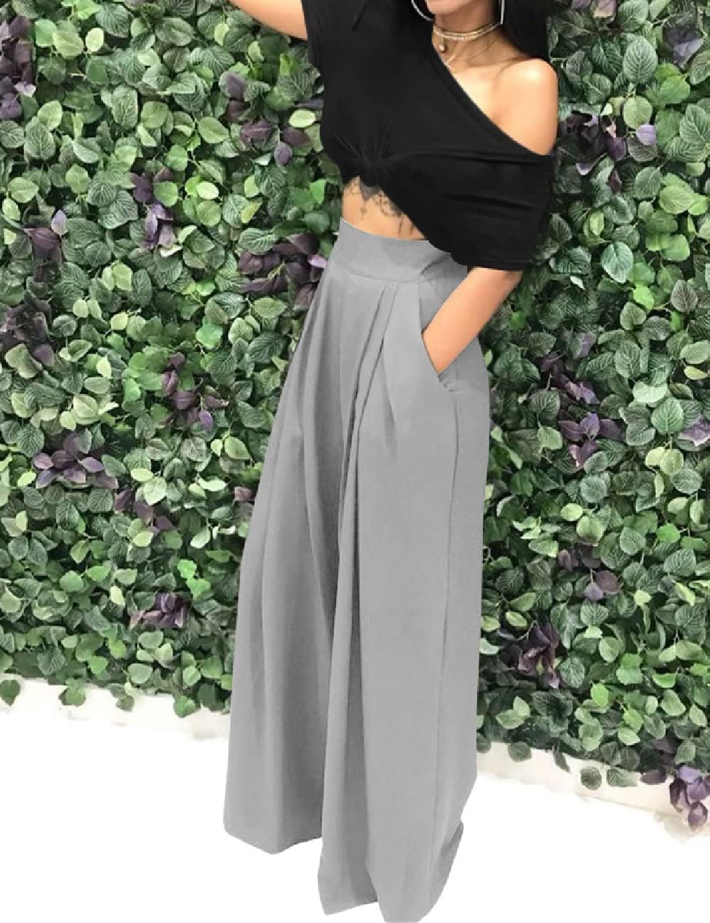 Wide Leg Palazzo Pants for Women, Palazzo Pants for Women with Pocket (Gray, M) - Image 2