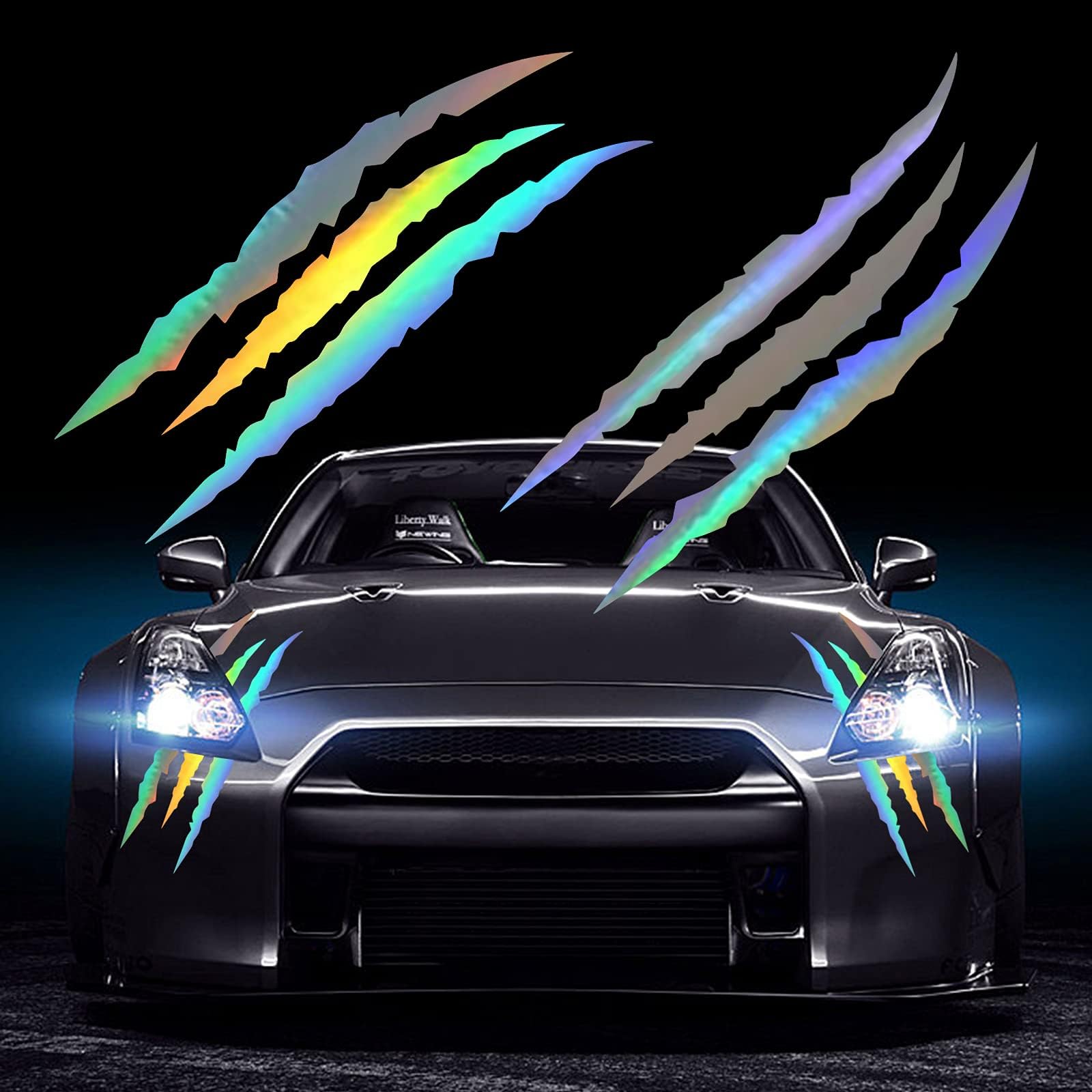 HungMieh 2PCS Claw Mark Car Decak, Car Headlight Decal/15.8 Inch, Monster Claw Scratch Stripe Stickers for Dodge Challenger/Charger, Holographic Silver