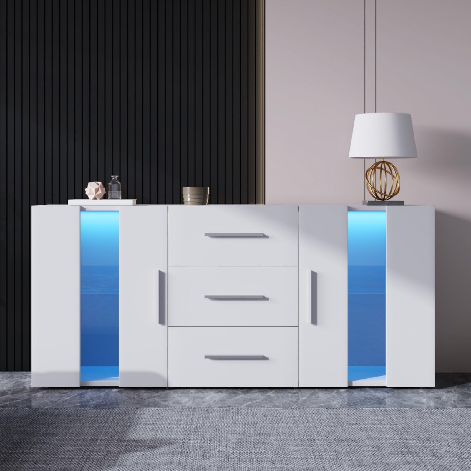 KOMHTOM Buffet Lumineux à LED, Meuble TV Moderne Blanc, Armoire de Rangement avec 3 tiroirs et 2 Portes, Commode pour Salon, Chambre à Coucher, Couloir et Salle à Manger (H)