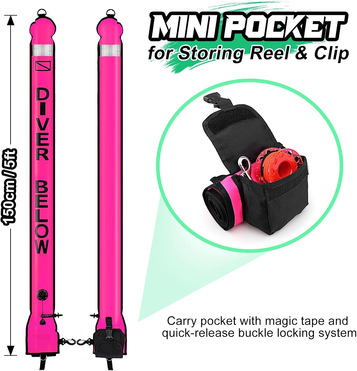 Surface Marker Buoy Scuba with Reel, 5ft High Visibility Diving Open Bottom Signal Tube Safety Sausage with Pouch Bag, 100ft ABS Dive Reel and Steel Double-Ended Bolt Snap (Hi-Vi Pink)