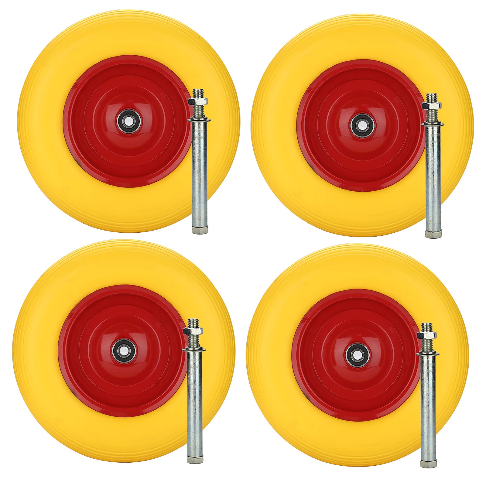 4 x koło do taczki PU, pełna guma, 4.80/4.00-8, Ø 390 mm, 200 kg, w zestawie odporne na przebicie opony gumowe z osią, żółto-czerwone