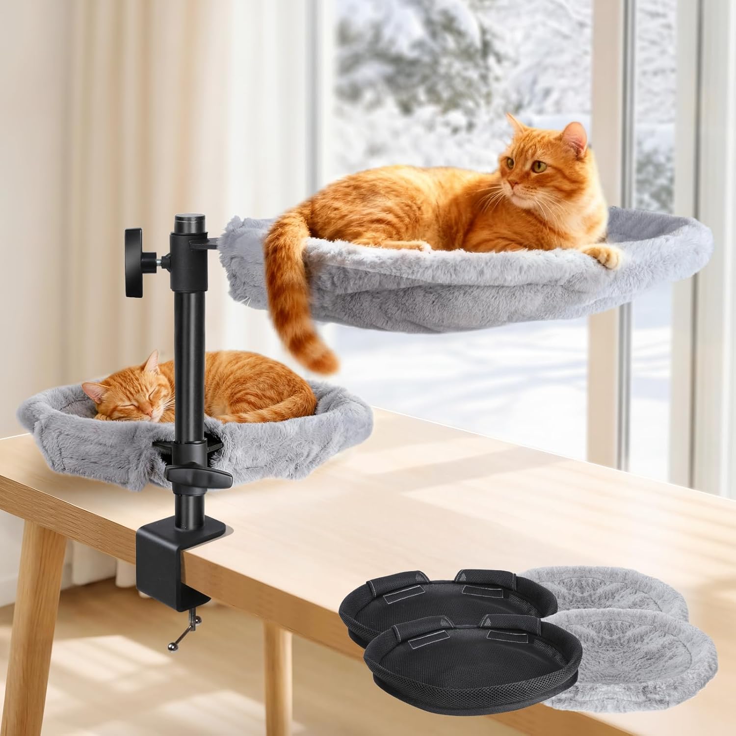 Topmart Double-Deck Cat Desk Bed with 360° Rotating & Adjustable Height, Cat Hammock for Desk with 4 Washable Pads, Kittens Bed for Desk Attachment for Home Office,Up to 45LBS, Grey & Black
